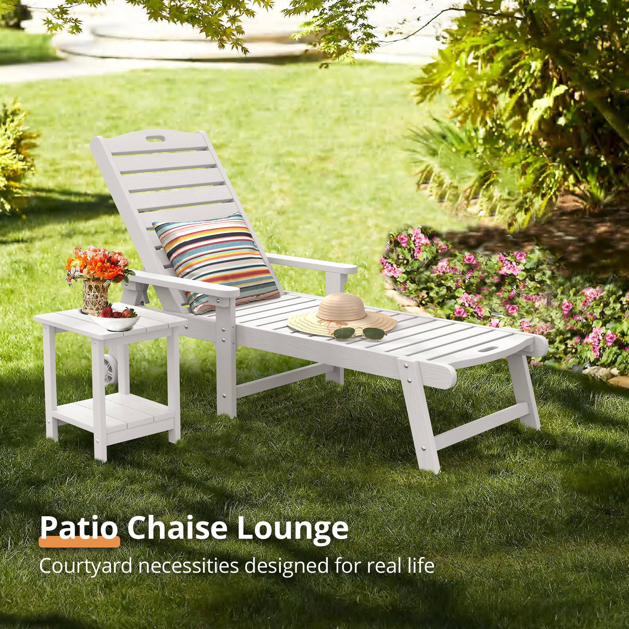 LUE BONA 79'' Oversized Adjustable Outdoor Chaise Lounge Chair with Wheels - 5-Position Reclining Poolside Lounger for Backyard, Patio & Beach - Durable HDPS Material - White (3-Year Warranty) - Perfect for Sunbathing, Relaxing by the Pool or Outdoor Lounging