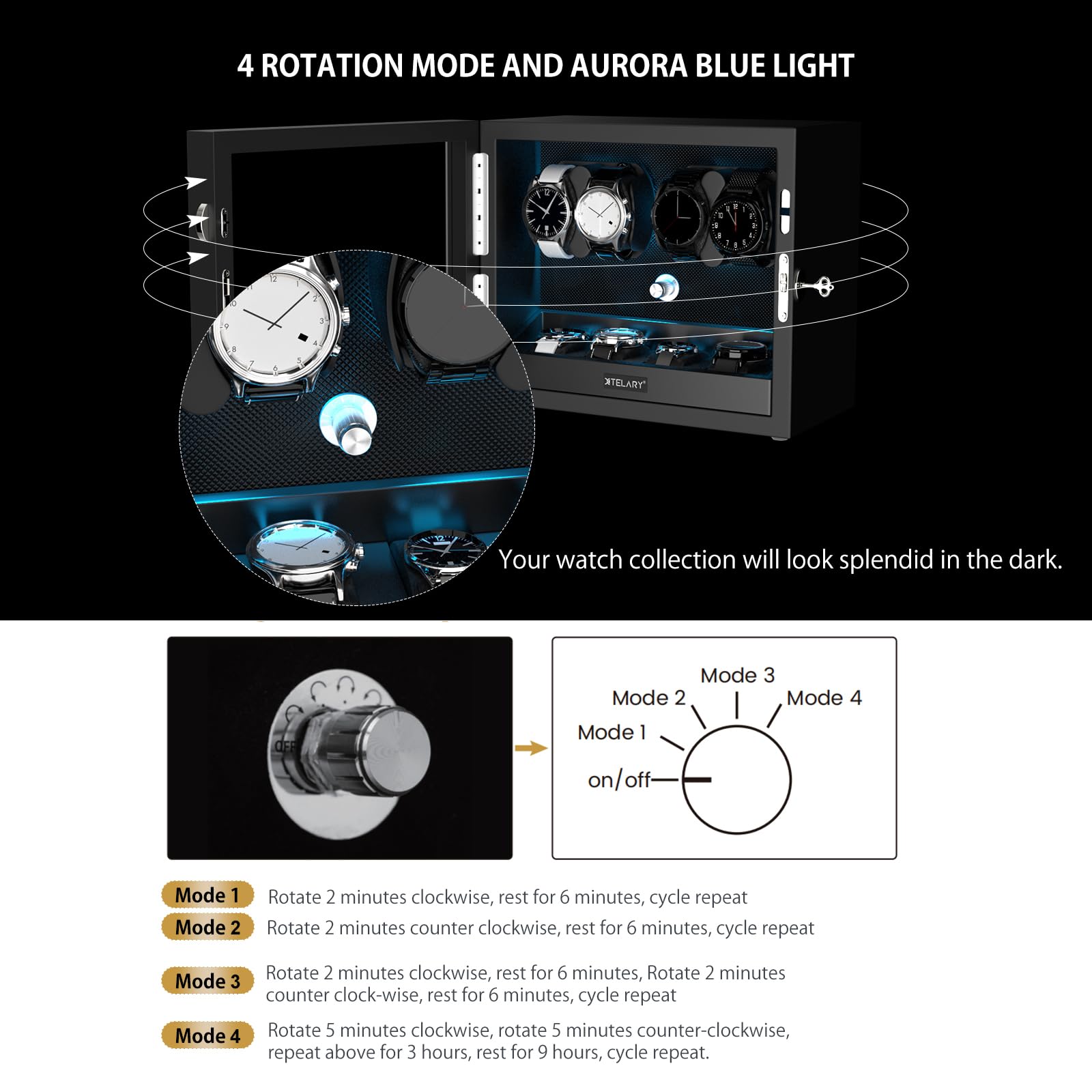 XTELARY Automatic Watch Winder for 4/6/8/12 Watches - Lockable Storage Box with 4 Extra Slots, 4 Rotation Modes, Adjustable Watch Pillows, Silent Mabuchi Motor & LED Backlight | Perfect for Automatic Watch Collection, Display & Maintenance at Home/Office