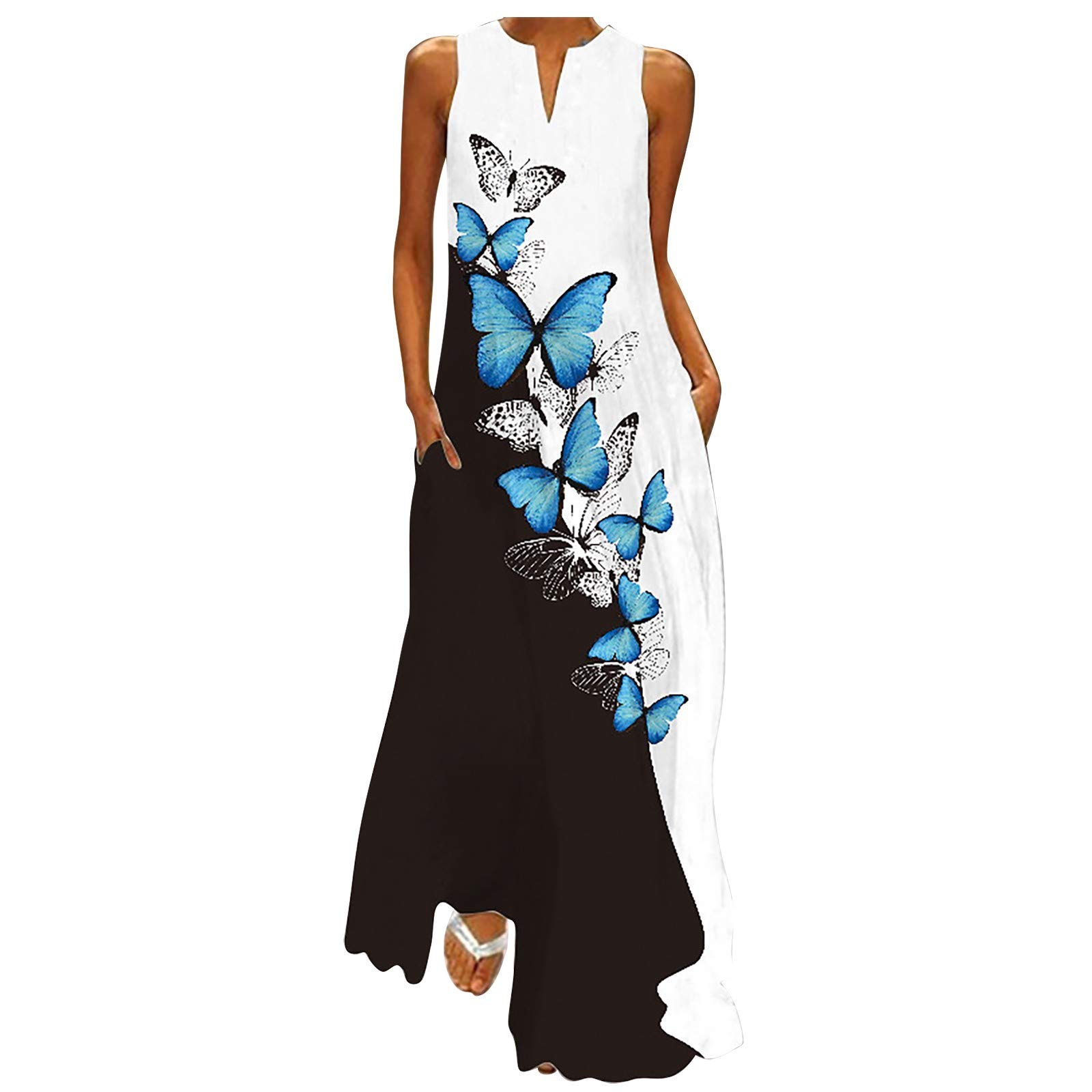 Elegant Women's Maxi Long Dress - Casual V Neck Plus Size Loose Swing Summer Sleeveless Dress for Beach, Vacation & Outdoor Parties