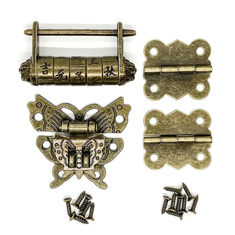 Vintage Bronze Mini Antique Butterfly Hasp Latch with Chinese Character Combination Lock - Decorative Cabinet Hardware for Jewelry Box, Wooden Chest & Crafts (Perfect for Antique Restoration, DIY Projects & Vintage Home Decor)