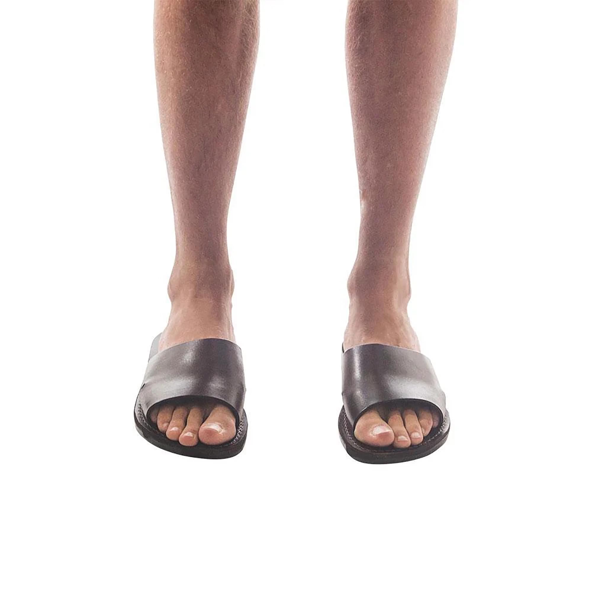 Bashan Men's Leather Wide Strap Slide Sandals - Comfortable Casual Summer Footwear for Beach, Pool, and Outdoor Activities