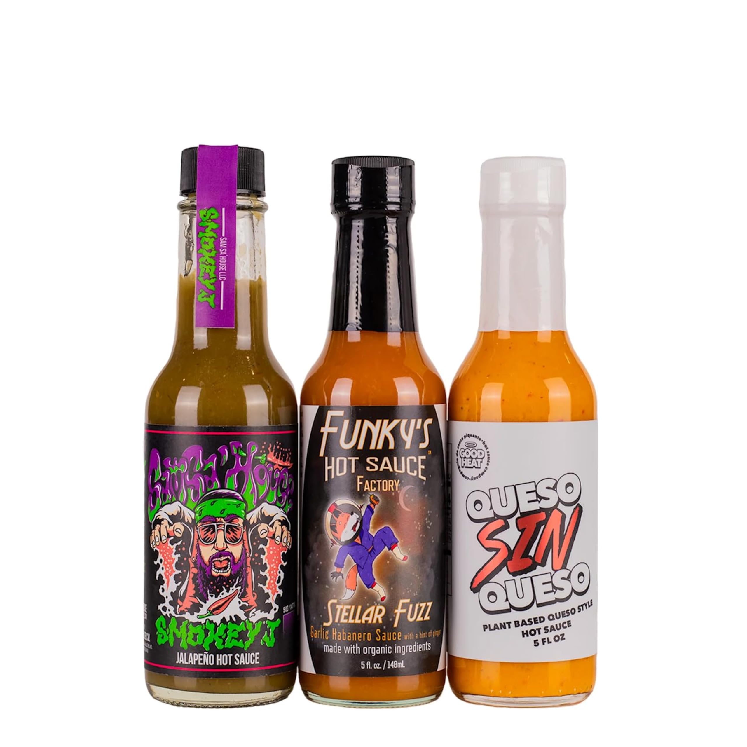 Hot Ones Season 23 Warmup Pack - 3-Pack of All Natural Hot Sauces (5 fl oz) with Smokey J, Stellar Fuzz & Queso Sin Queso - Perfect for Spicy Food Lovers, Game Nights & Hot Sauce Challenges