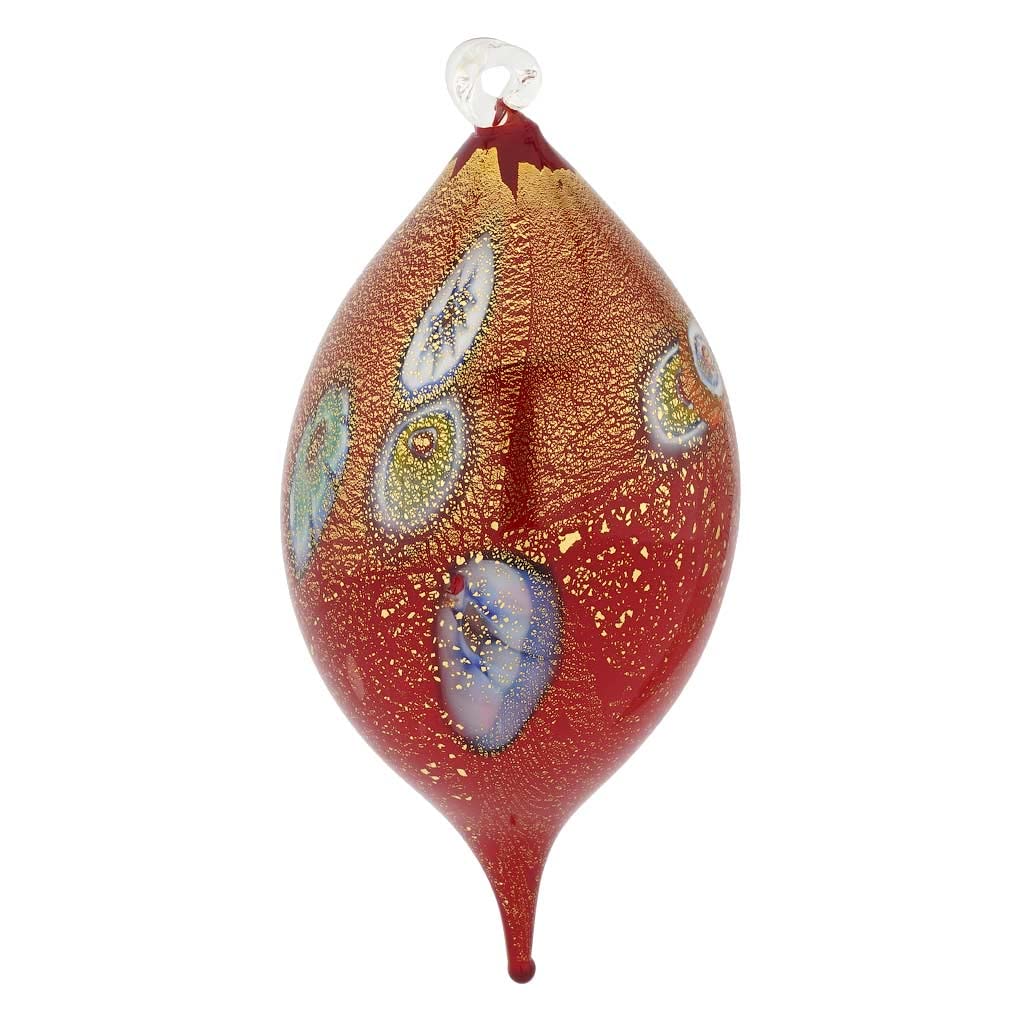 Venetian Murano Glass Millefiori Drop Christmas Ornament - Handcrafted Red & Gold Holiday Decoration for Tree, Gift, or Home Décor