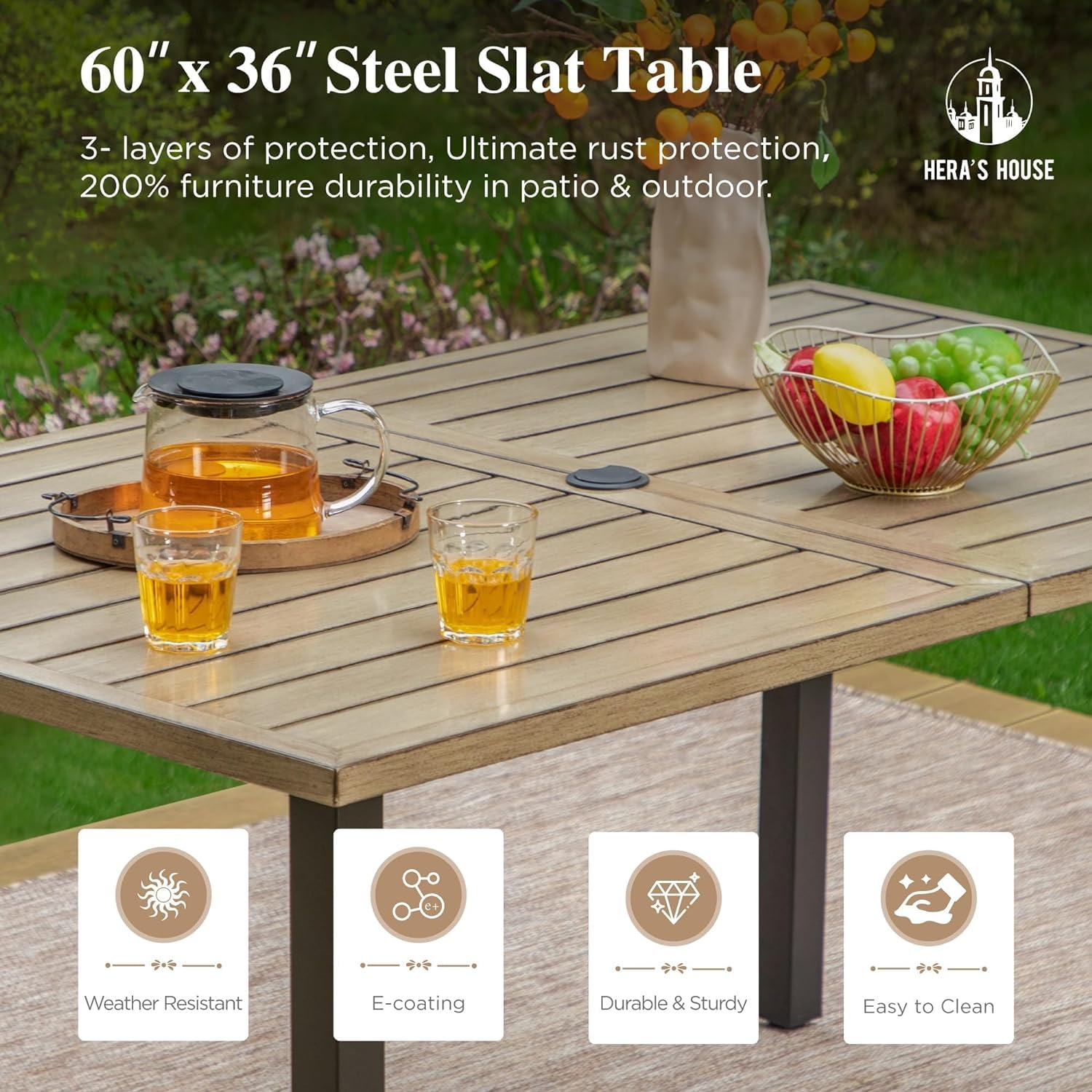 HERA'S HOUSE 6-Person Outdoor Dining Table - Rectangular Metal Patio Table with Umbrella Hole, Weather-Resistant Wood-Like Steel Slat Design for Garden, Backyard & Lawn (60