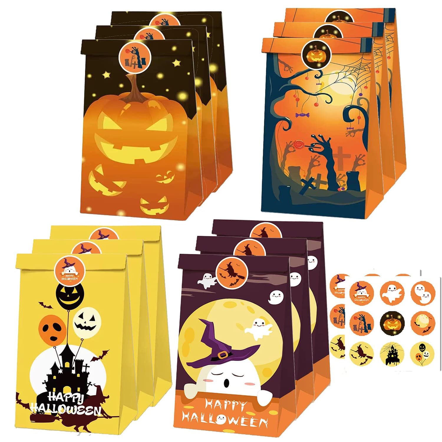 12PCS Halloween Paper Treat Bags for Kids with 18PCS Stickers - 4 Assorted Designs Trick or Treat Party Supplies for Candy, Snacks & Goodies | Halloween Party Favors, Classroom Treats & Gift Bags for School Events