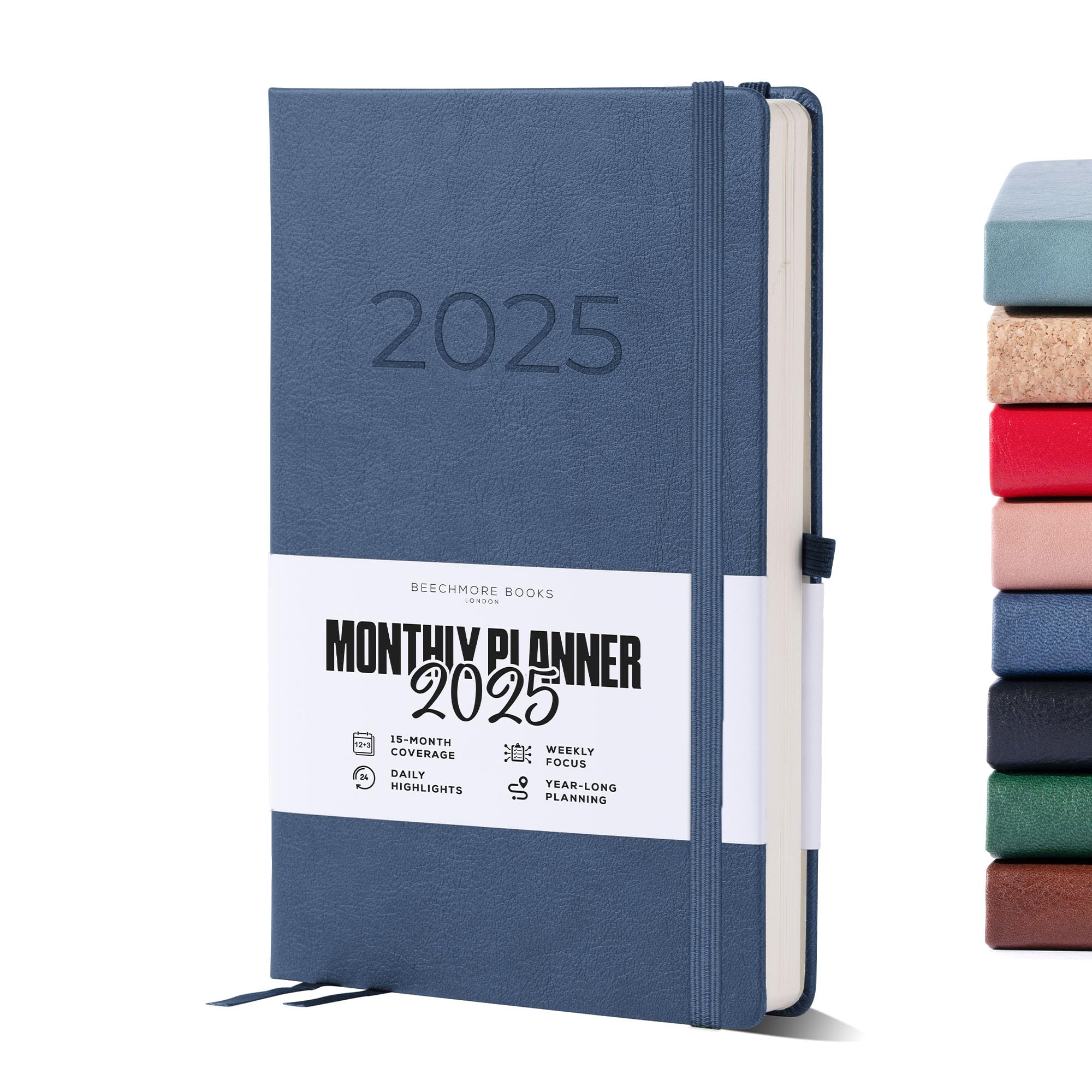 Beechmore Books 2025 Planner - A5 Navy Hardcover Vegan Leather Journal | Premium Diary with Thick 120gsm Paper | Year & Month View, Goal Setting, Appointment Planning | Perfect for Work, School & Personal Organization | Gift Box Included