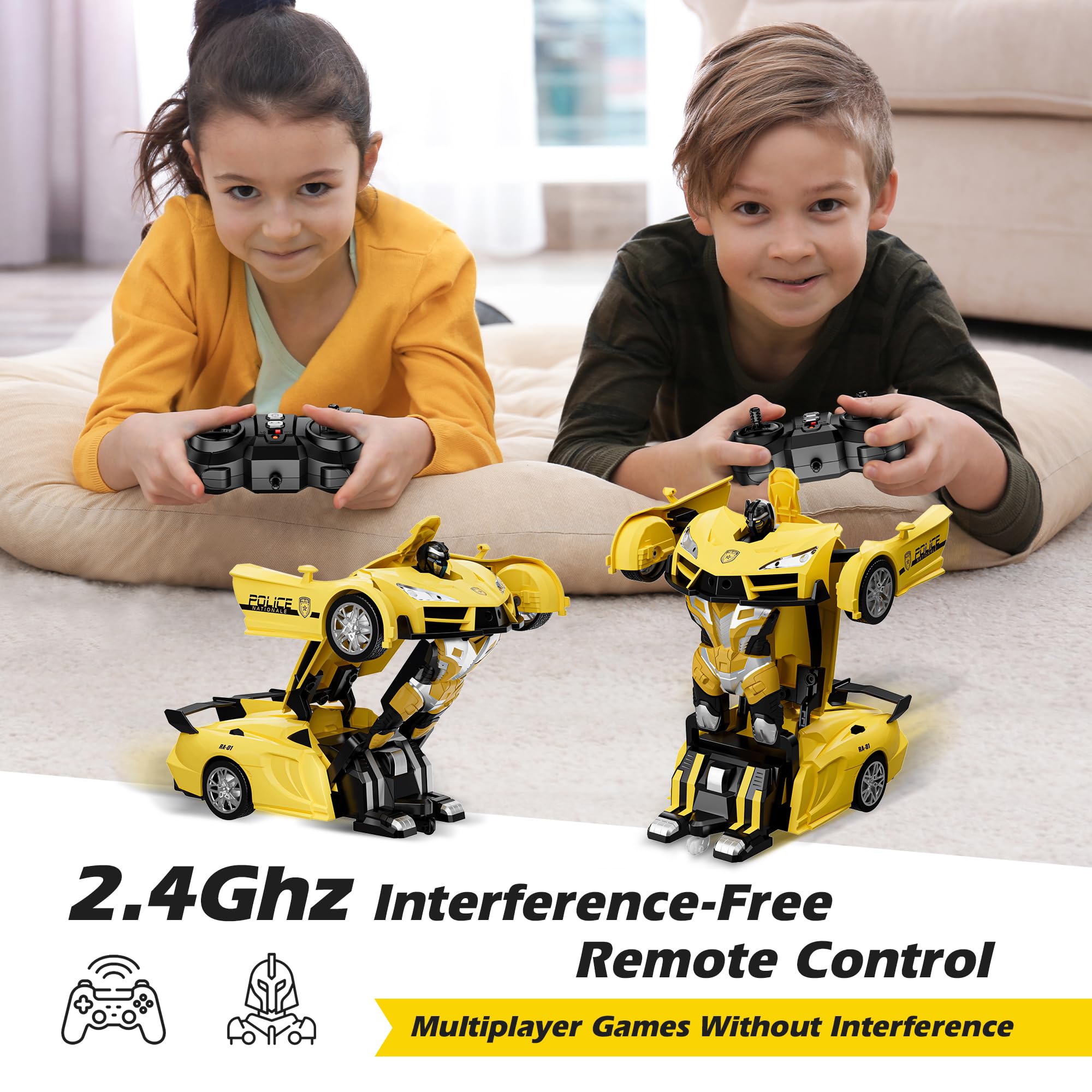 2.4Ghz Remote Control Car - 1:18 Scale Transforming Robot Police Toy with One-Button Deformation & 360° Rotation for Kids Ages 4-12 | Interactive RC Toy for Boys & Girls (Yellow) | Perfect for Indoor Play, Birthday Gifts & STEM Learning