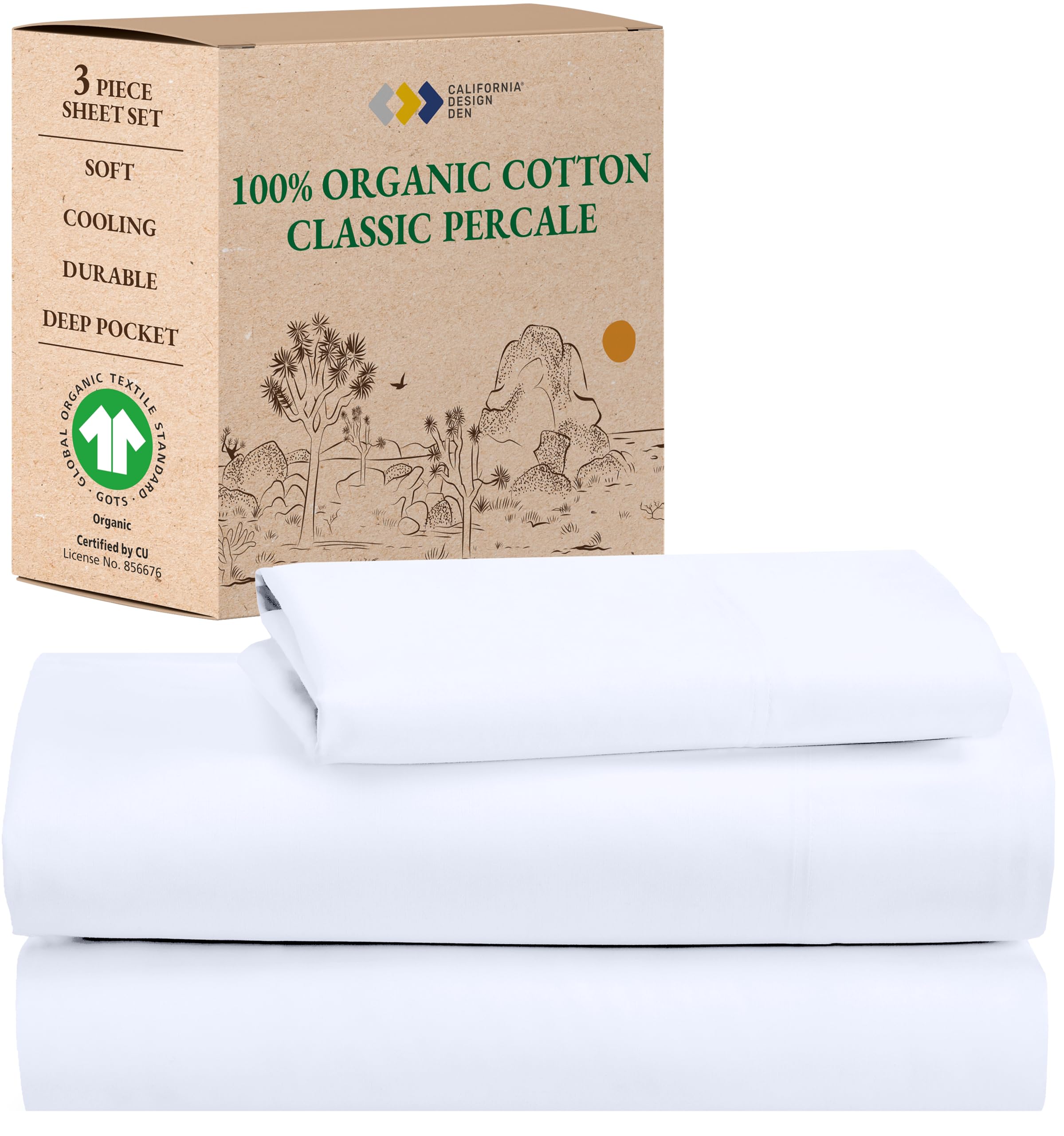 California Design Den Twin XL Sheets Set - 100% Organic Cotton, GOTS Certified, Deep Pocket Percale Sheets - Soft, Crisp & Cooling Bedding - 3 Piece Set for Dorm, Hospital & Guest Room Use