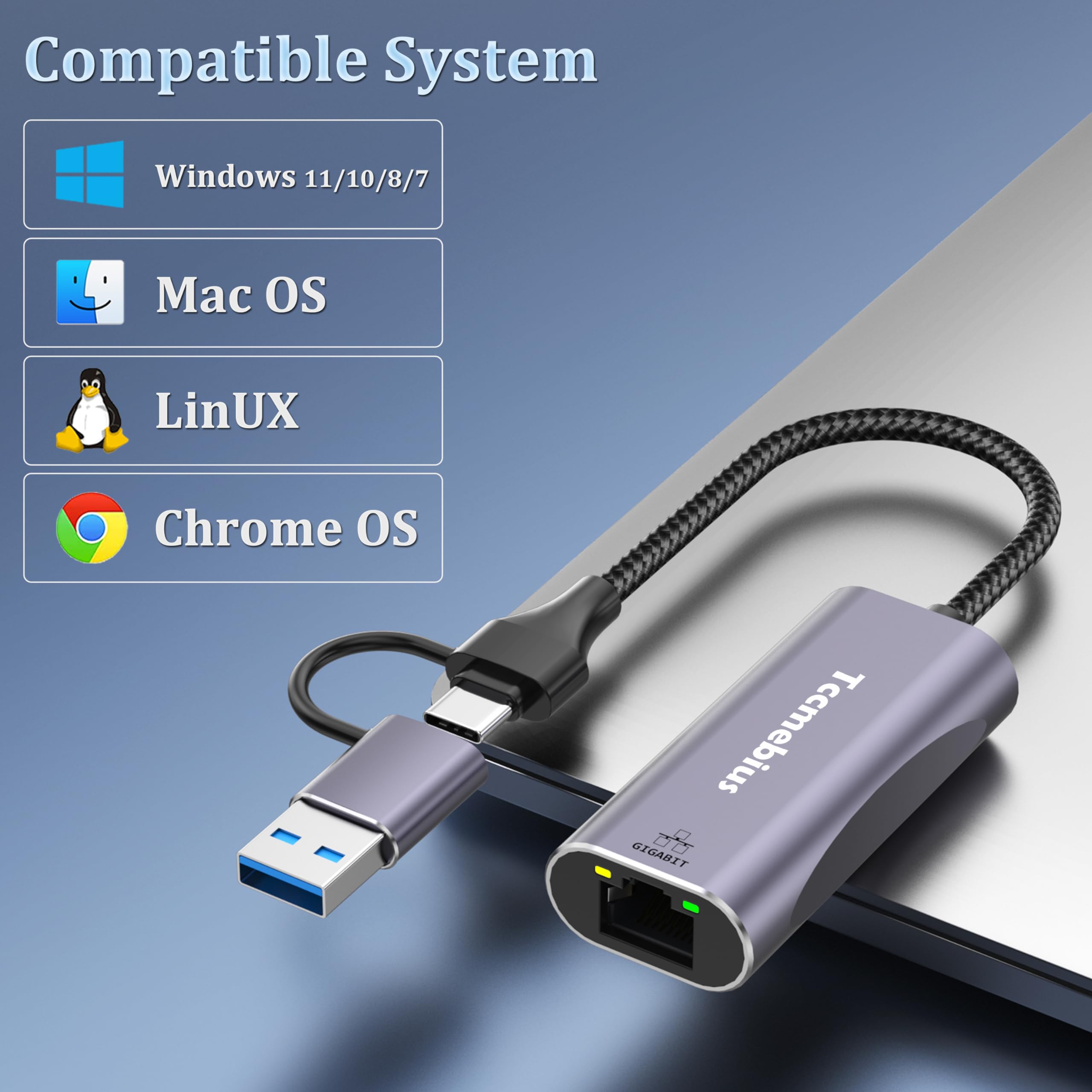 Tccmebius USB Ethernet Adapter, 2-in-1 USB C & USB 3.0 to RJ45 Gigabit LAN Network Adapter 1000Mbps - Compatible with MacBook Pro/Air, iPad Pro, iPhone 15/15 Pro, Surface Pro, Laptops & PCs (TCC-S30B) - Ideal for Home Office, Gaming & High-Speed Internet Connections