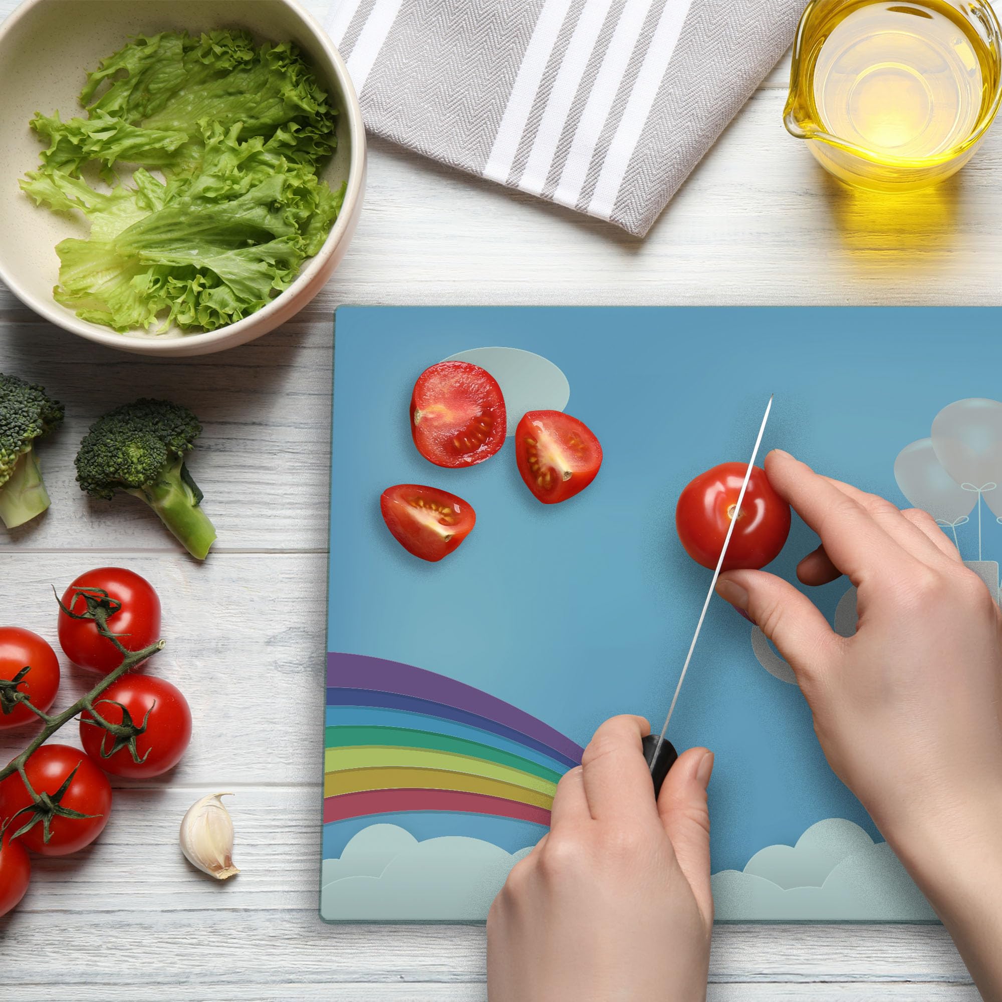 Ambesonne Blue and Pink Tempered Glass Cutting Board with Balloons and Rainbow Design - Large Decorative Serving Board for Kitchen, Party, and Gift Giving