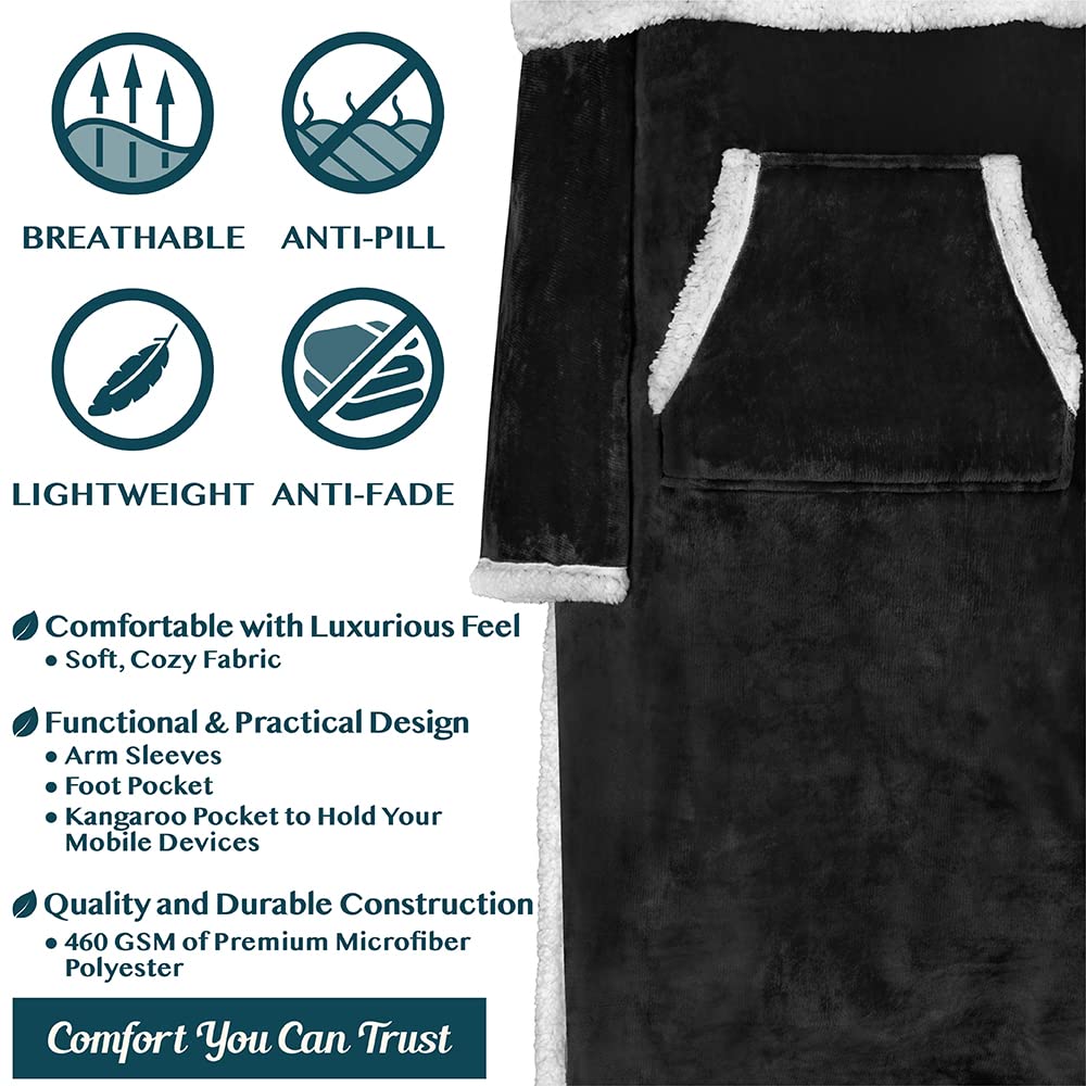 PAVILIA Sherpa Wearable Blanket with Sleeves & Foot Pocket - Soft Fleece Warm Snuggle Throw for Women & Men - Cozy Gift for Wife, Mom - Perfect for Lounging, Reading & Movie Nights - Black