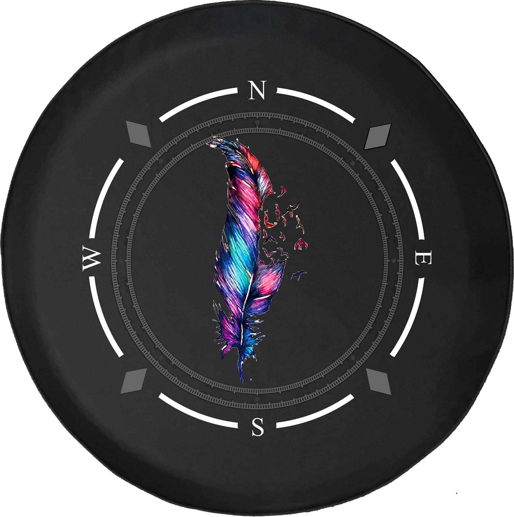 **American Unlimited Spare Tire Cover with Compass & Watercolor Feather Birds Design - Universal Fit for SUV, Trailer, RV & More - Perfect for Outdoor Adventures & Road Trips**