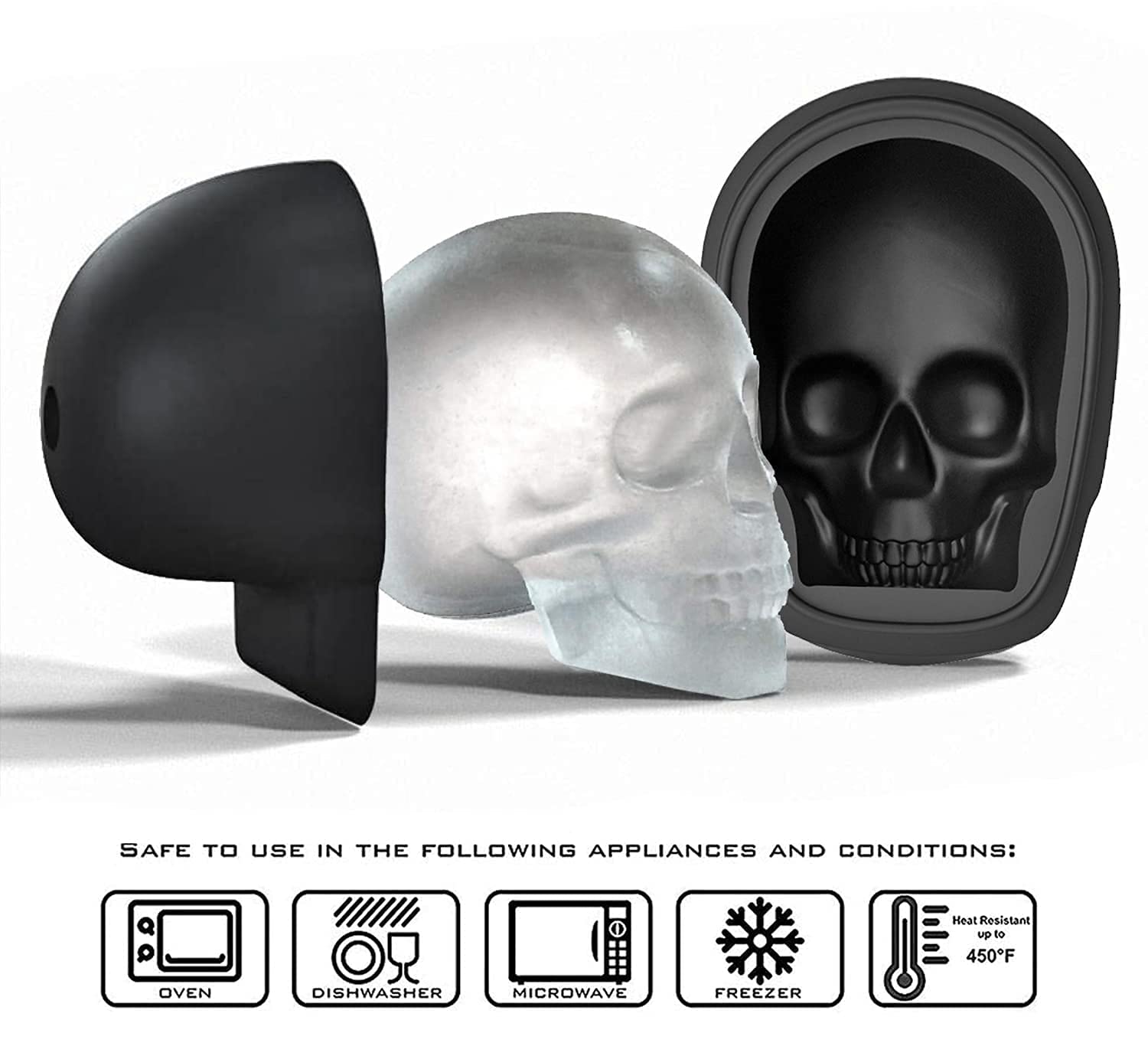 JETKONG 2 Pack Large Skull Ice Mold - Silicone Ice Cube Tray for Whiskey, Cocktails & Beverages - 3D Skull Shaped Ice Maker for Halloween Parties, Themed Drinks & DIY Desserts