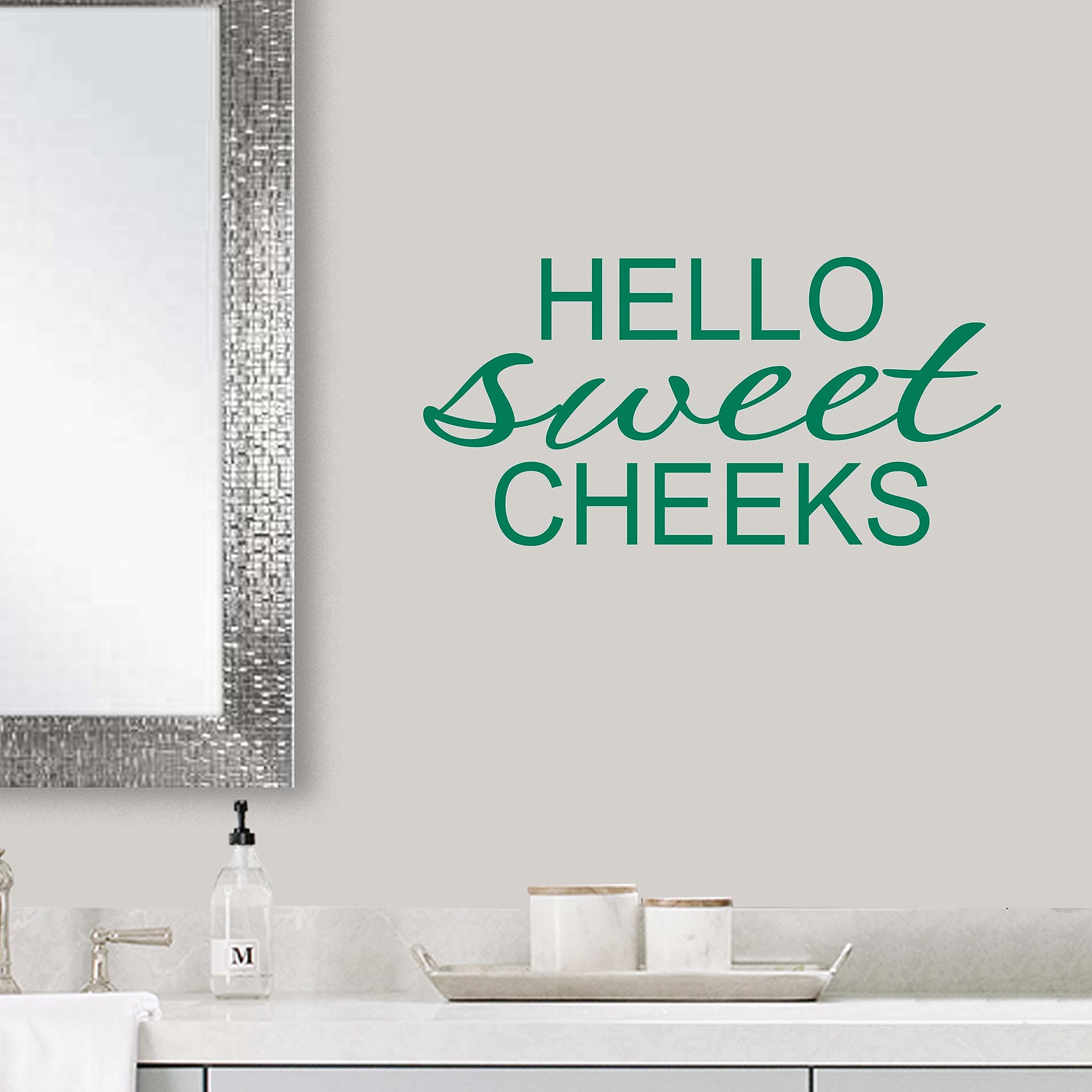 Hello Sweet Cheeks Wall Decal Stickers - Funny Bathroom Decor Vinyl Decals for Home & Office - Green Color - Perfect for Bathroom, Nursery, or Kids Room Decor