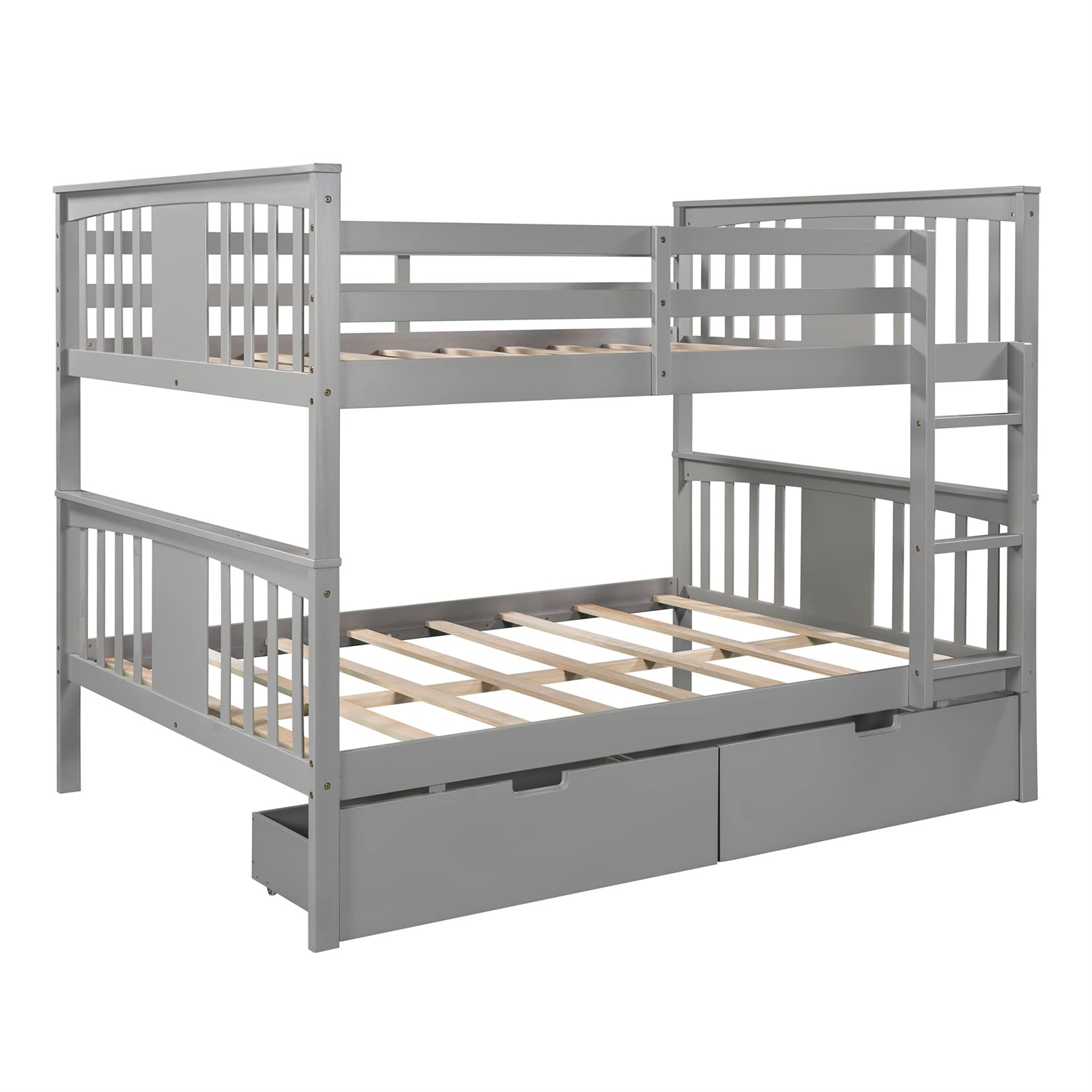 Full Over Full Bunk Beds with 2 Drawers for Kids Teens Adults - Detachable Wooden Bunk Bed Frame for Boys Girls Women Men in Gray - Perfect for Small Spaces, Guest Rooms & Shared Kids Bedrooms