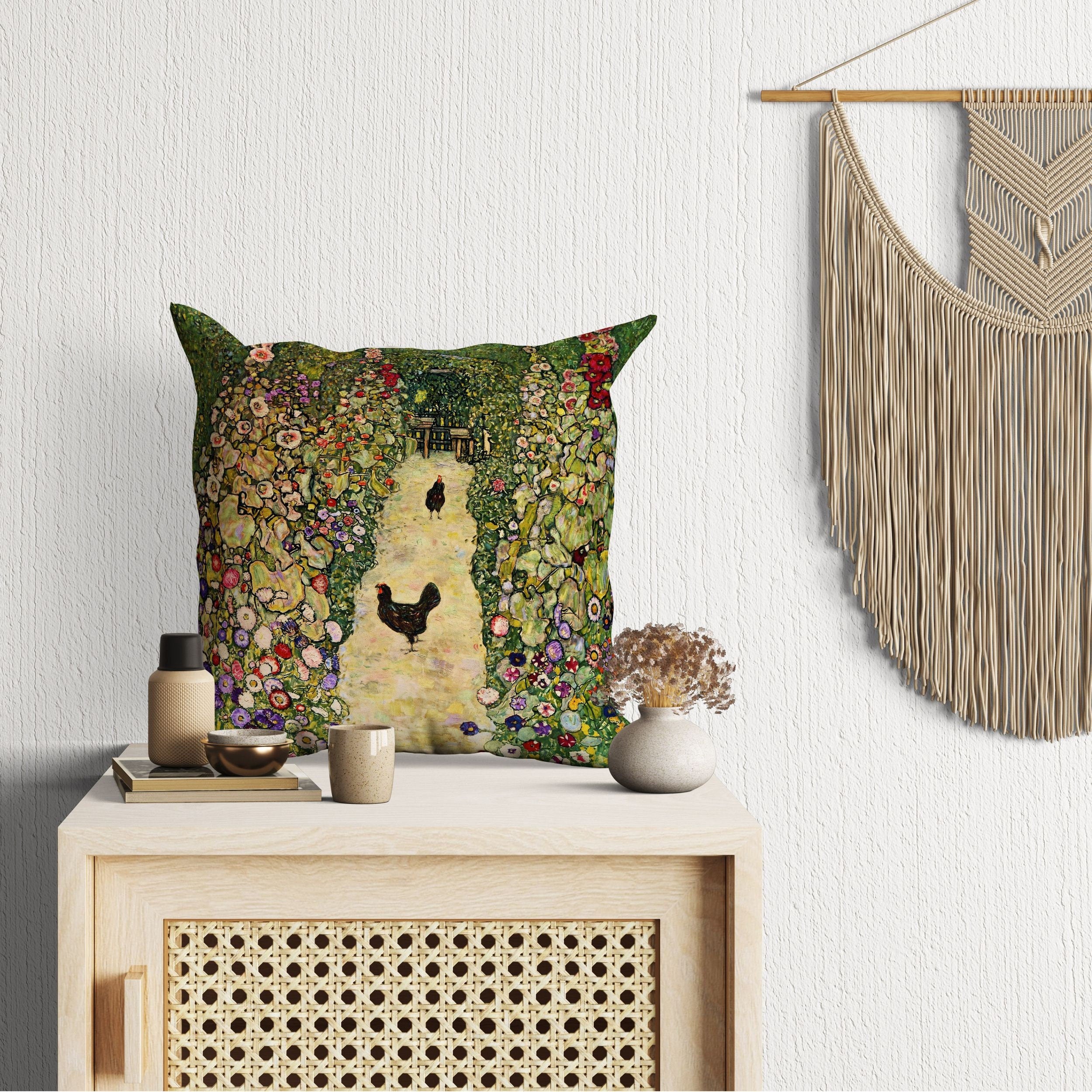 Gustav Klimt Garden Path With Chickens Abstract Art Pillow Cover - 22x22 Inch Modern Decorative Throw Pillow Case - Home Decor for Living Room, Bedroom & Office