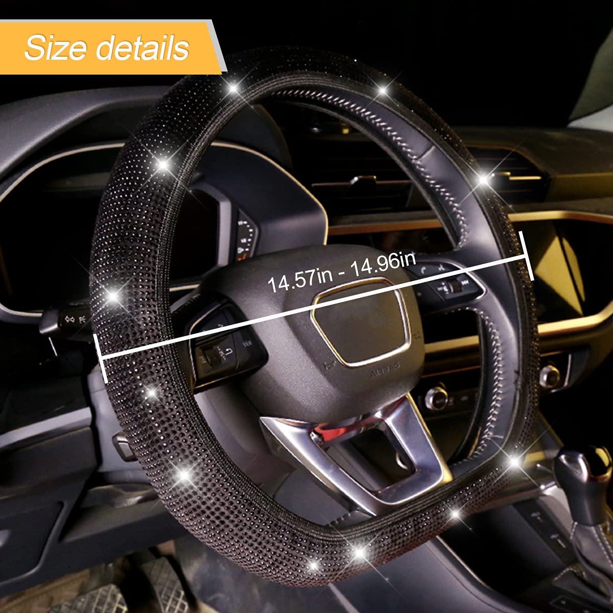 Sparkling Crystal Rhinestone Steering Wheel Cover - 15 Inch Anti-Slip Elastic Universal Fit for Cars, SUVs & Vehicles | Bling Car Interior Accessories (Black) | Perfect for Luxury Car Upgrades & Gift Giving