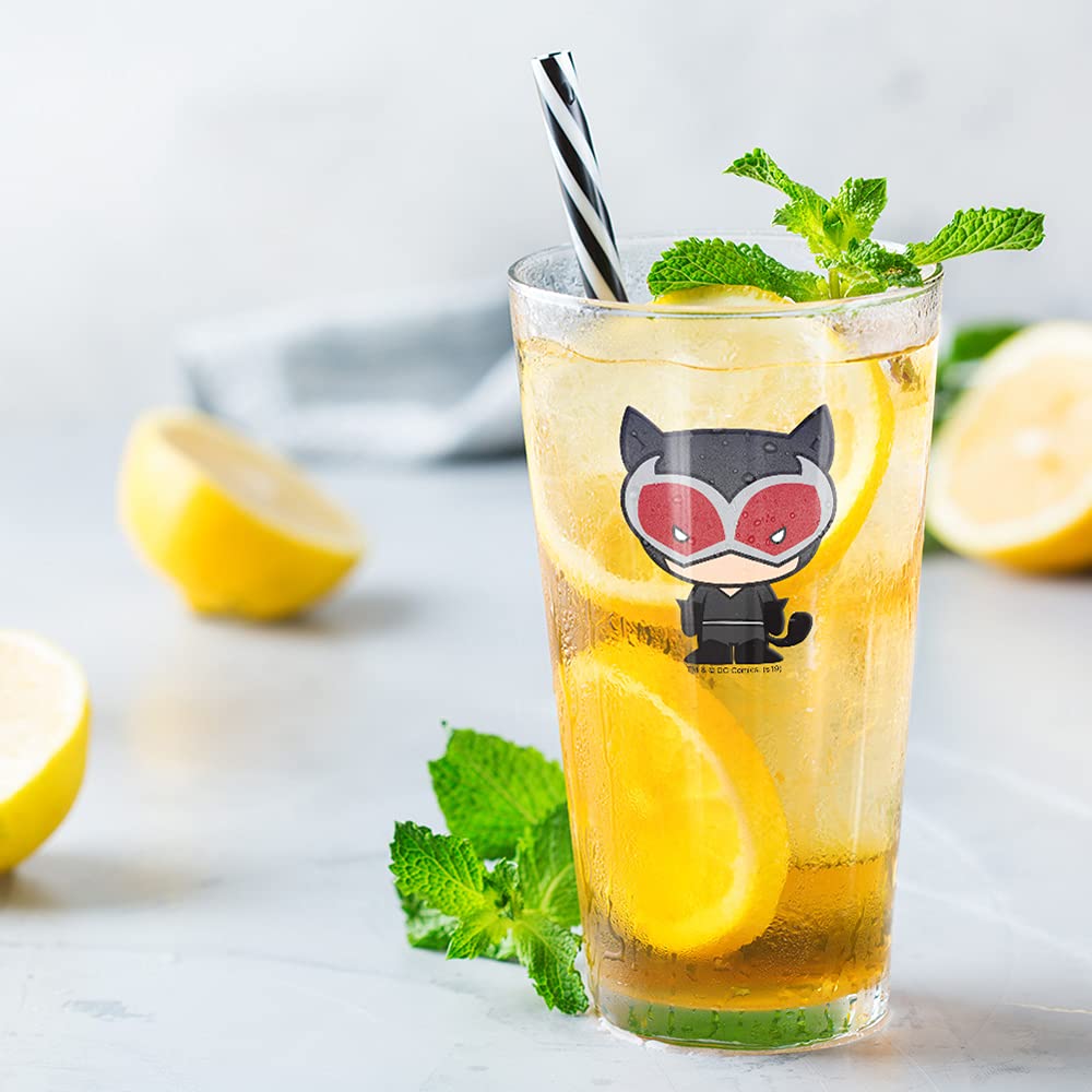 LOGOVISION Batman Catwoman Cute Chibi Character 16 oz Pint Glass - Tempered Licensed Printed Design - Perfect Fan Gift for Cold Beverages, Soda, Water - Ideal for Home Bars, Movie Nights & Superhero Themed Parties