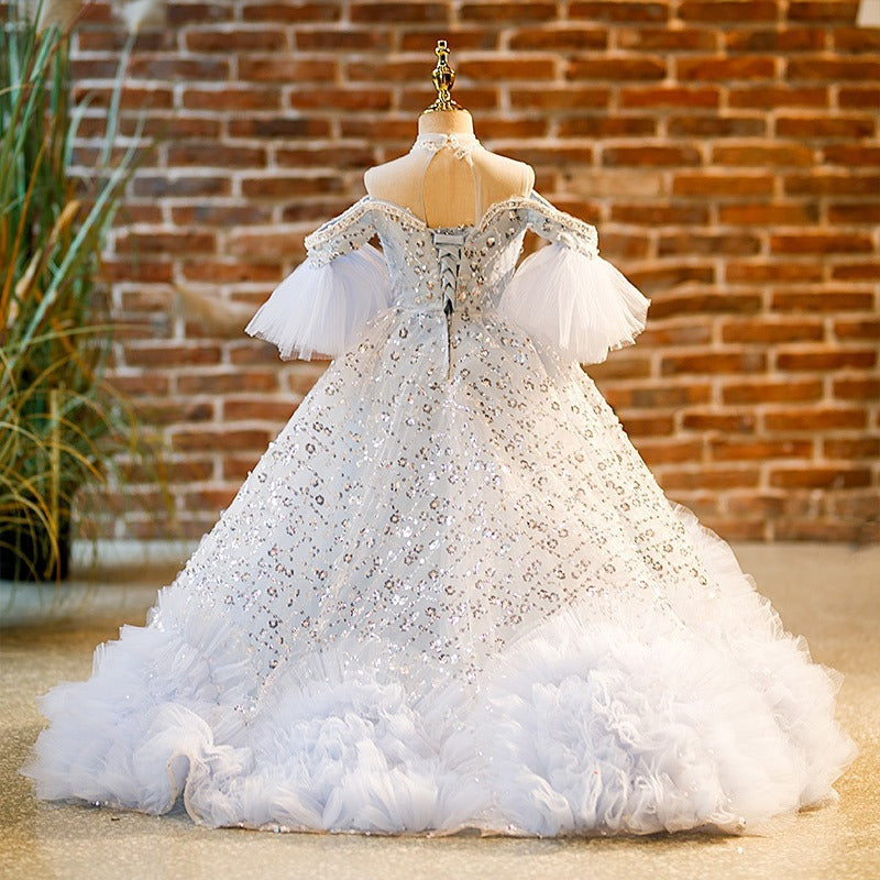 Sparkling White Sequin A-Line Flower Girl Dress with Cold Shoulder & Lace Details - Perfect for Weddings, Pageants, and Special Occasions