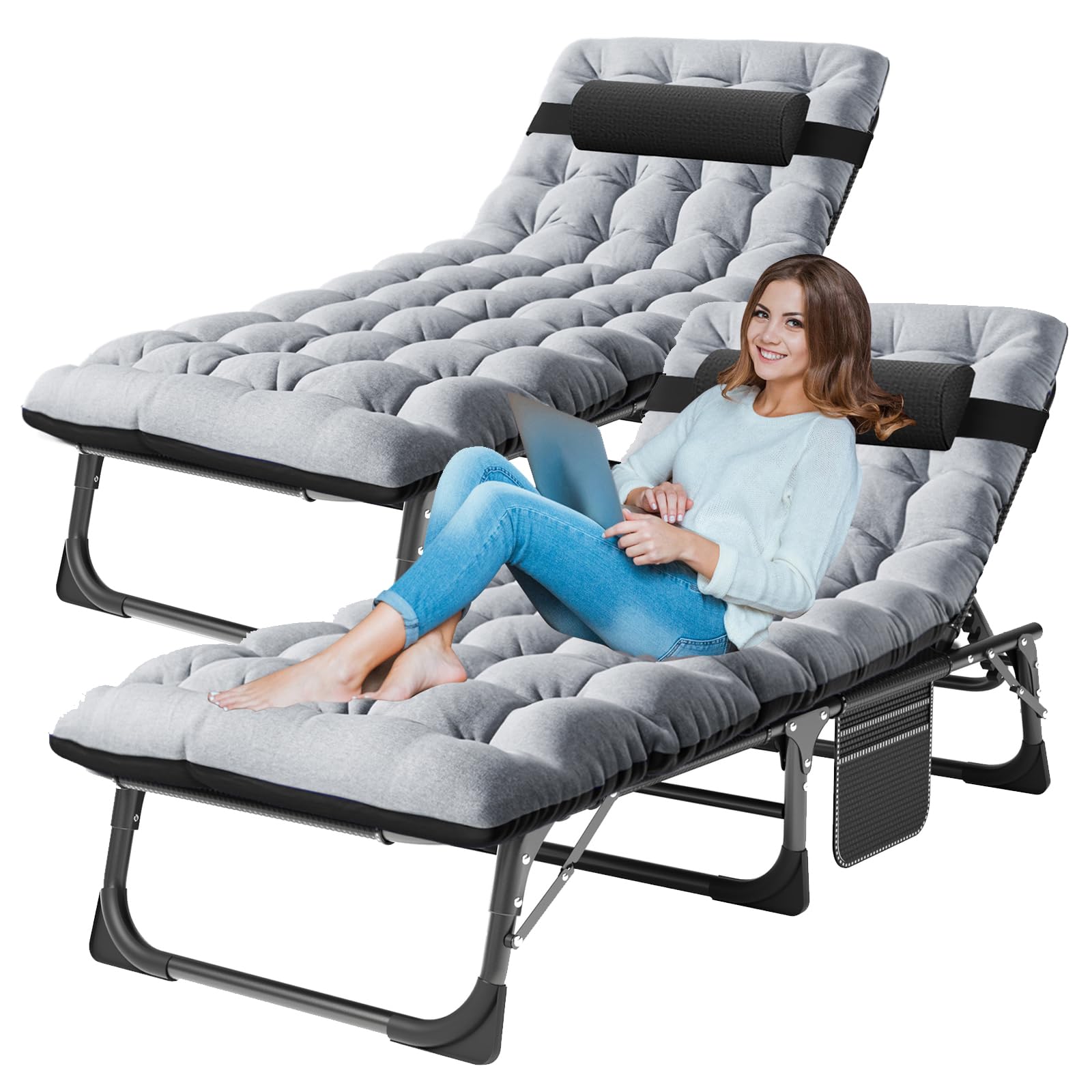 LILYPELLE 5-Position Adjustable Folding Outdoor Chaise Lounge Chair with Mattress - Patio Reclining Sun Lounger for Sunbathing, Camping, Poolside & Beach Relaxation - Perfect for Backyard, Deck and Outdoor Leisure