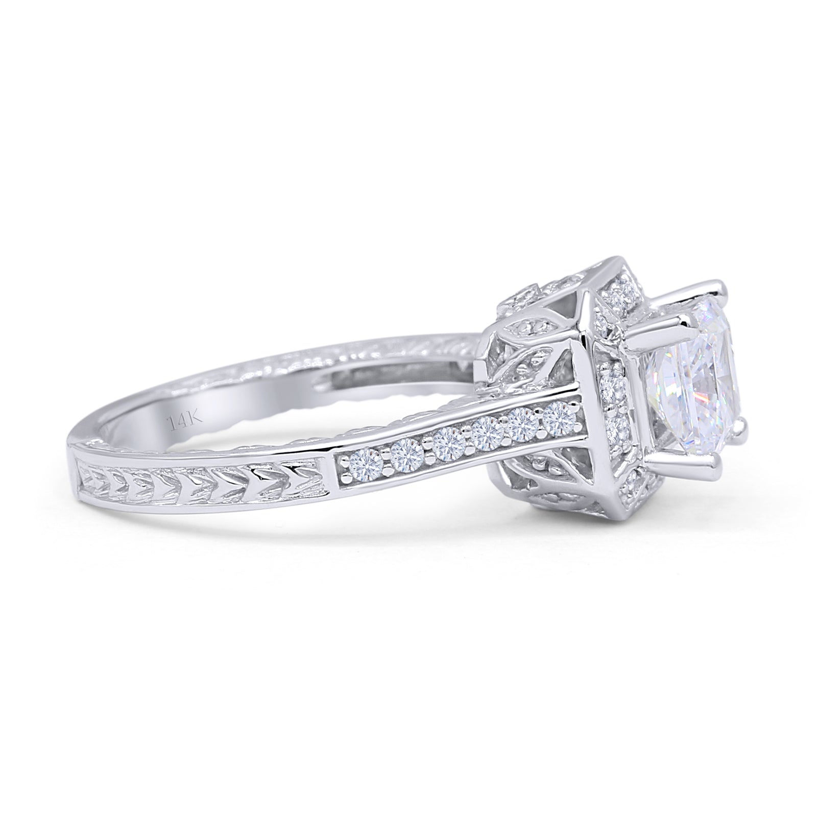 14K White Gold Art Deco Princess Cut Halo Moissanite Engagement Ring - Elegant Wedding Band for Brides, Anniversary Gift for Her