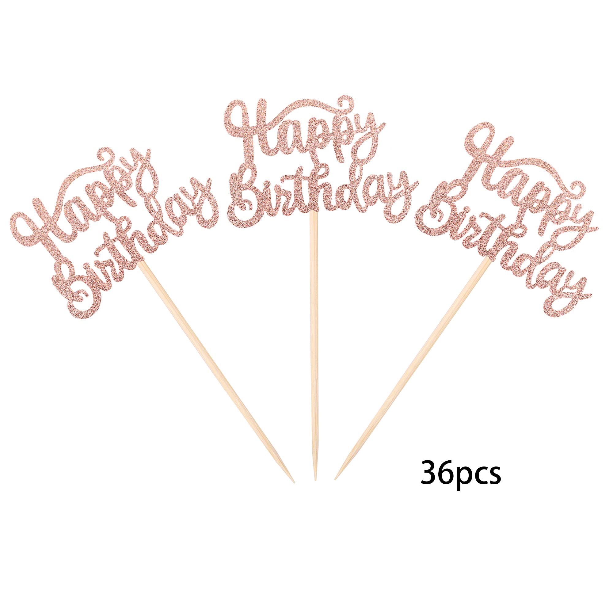 36 PCS Rose Gold Glitter Happy Birthday Cupcake Toppers - Premium Cake Decorations for Birthday Parties, Baby Showers & Celebrations - Perfect for DIY Dessert Decorating