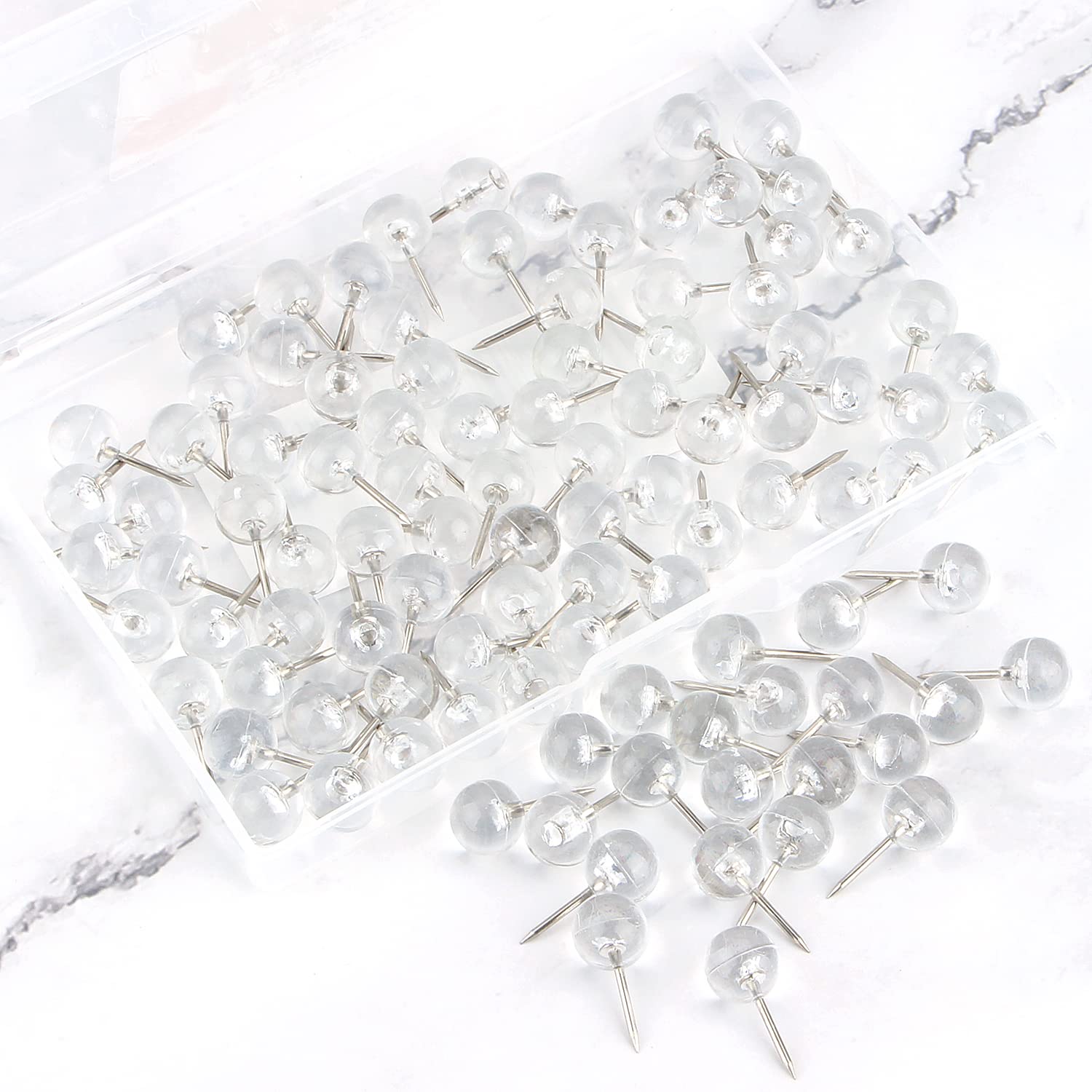 Yalis 1/3 Inch Silver Push Pins - 100 Count Large Map Tacks with Steel Point & Clear Plastic Round Head - Perfect for Bulletin Boards, Office Maps, and Home Organization (Silver)