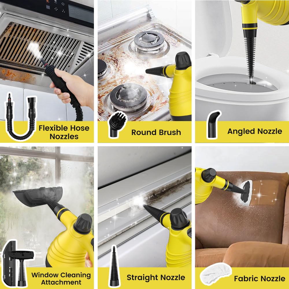 Powerful Handheld Steam Cleaner with 9 Accessories & Safety Lock - Multi-Surface Home Steamer for Car, Bathroom, Tile, Upholstery | Deep Cleaning Floors, Windows, Showers & Grout | Chemical-Free Sanitizing Solution