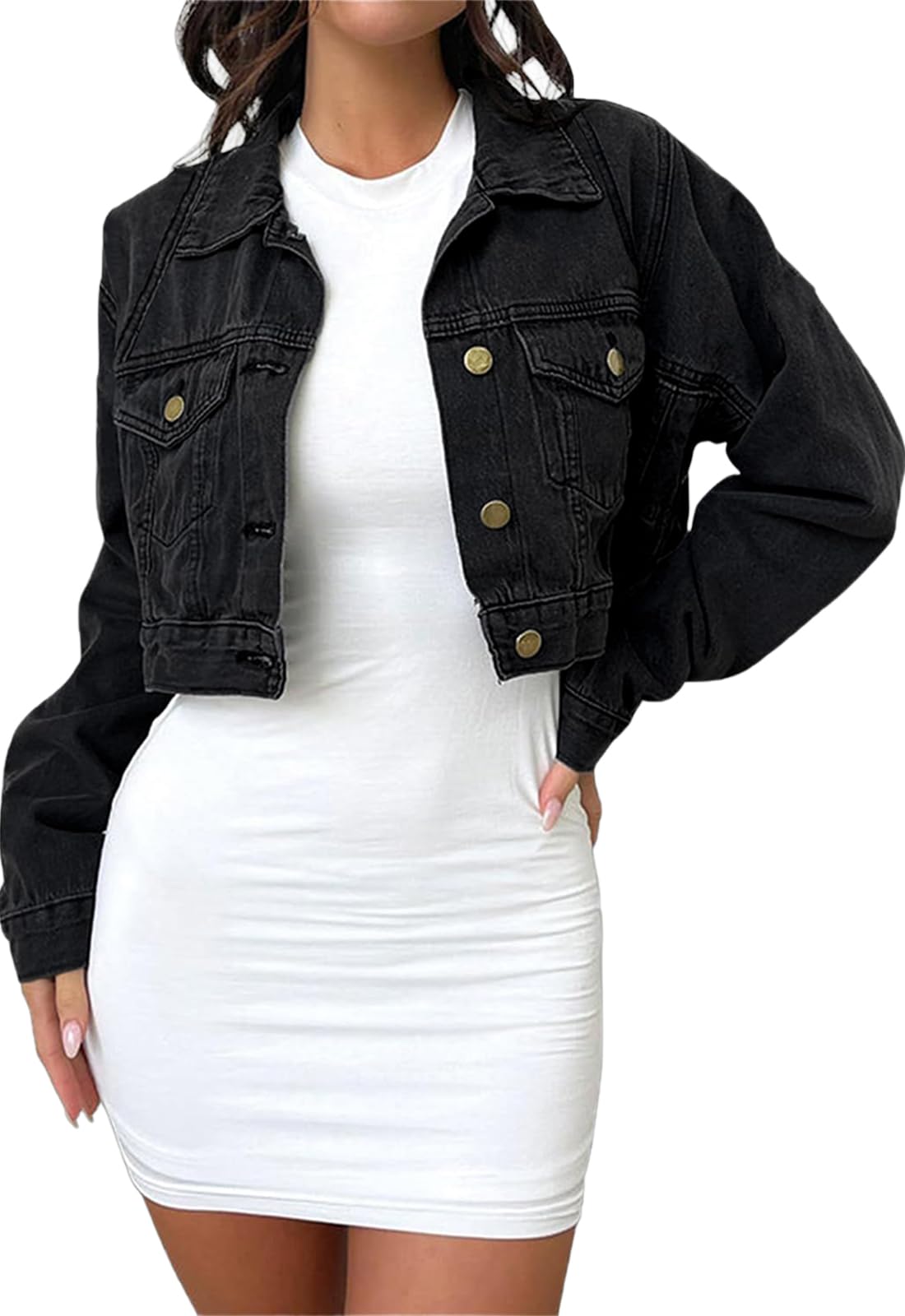 Women's Cropped Denim Jacket - Long Sleeve Casual Button Down Jean Jacket for Spring & Fall | Perfect for Streetwear, Date Night & Weekend Outfits