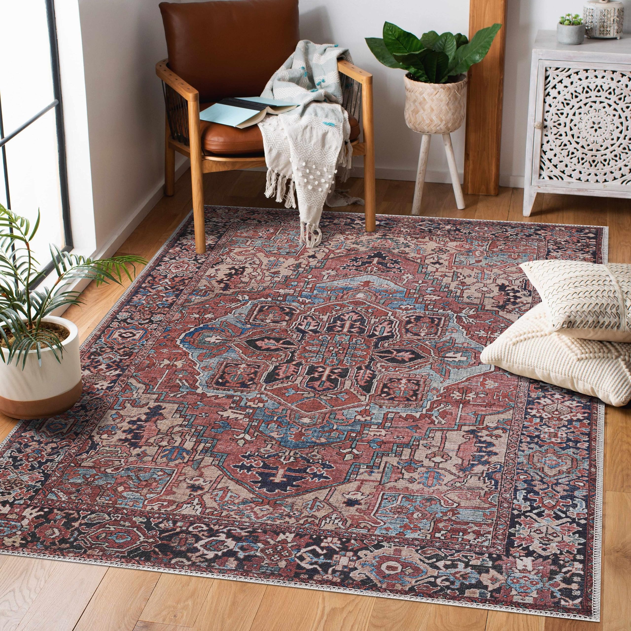 Hauteloom Neyland Machine Washable Oriental Traditional Medallion Area Rug - Vintage Bohemian Style in Dark Red, Burgundy, Blue - 9' x 12' - Perfect for Living Room, Bedroom & Home Decor