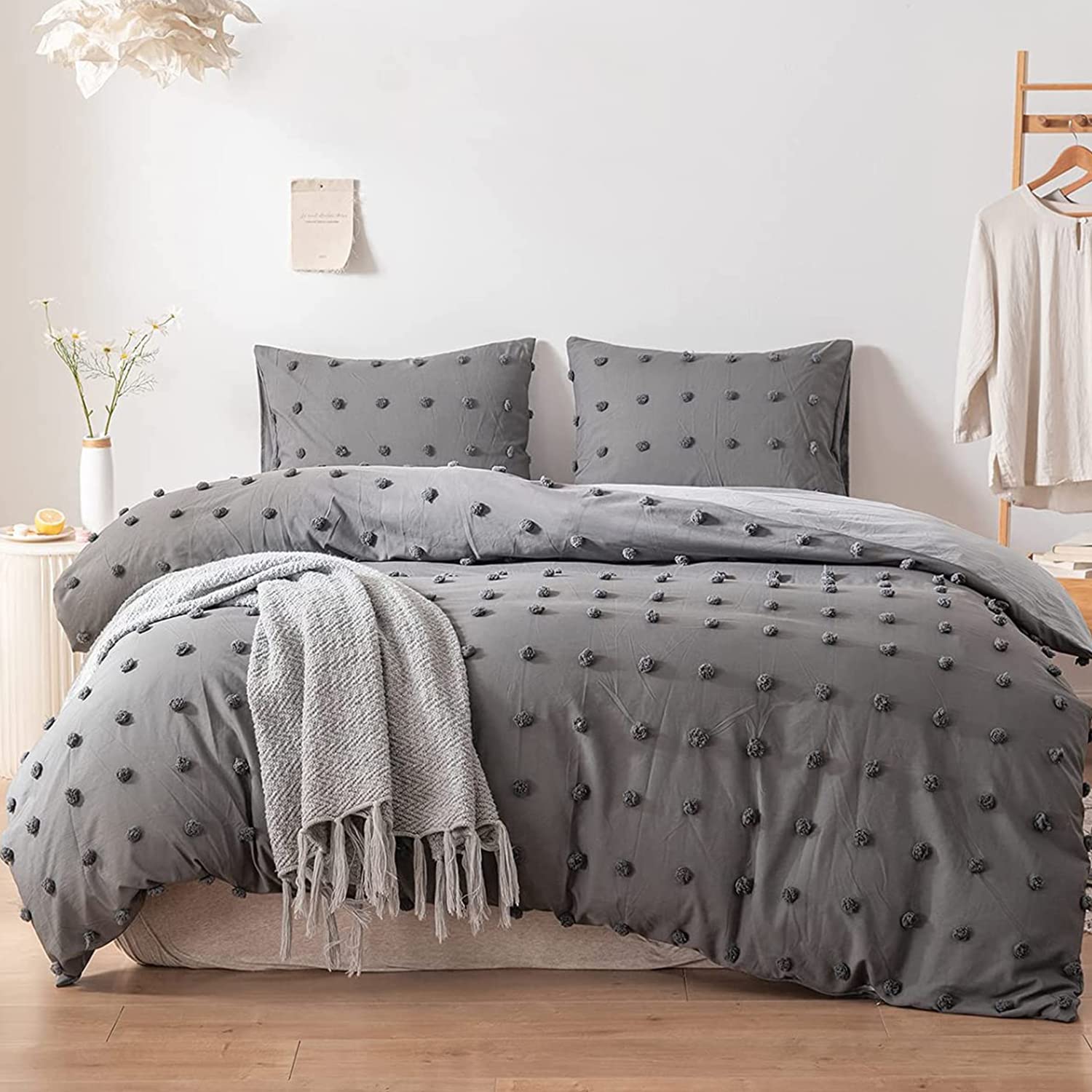 BESHINY Tufted 3-Piece Embroidery Comforter Set with Chic Dots - Full/Queen Size, Ultra Soft All-Season Bedding in Grey - Perfect for Master Bedroom, Guest Room & Cozy Home Decor