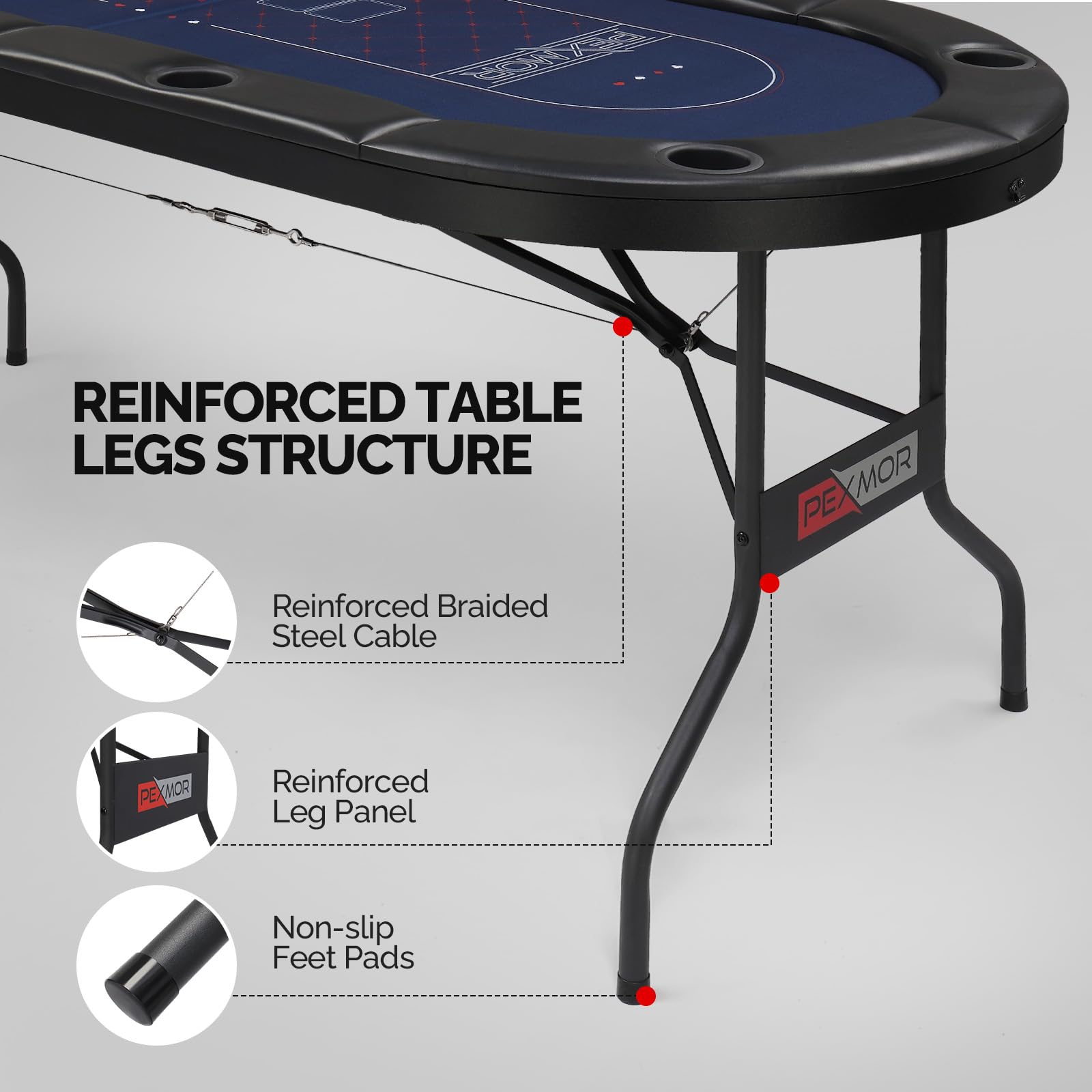 PEXMOR 8-Player Foldable Poker Table with Stainless Steel Cup Holders - Casino-Grade Felt & Water-Resistant Cushioned Rail - Texas Holdem Blackjack Game Table for Home & Casino Nights | Perfect for Poker Parties, Game Rooms & Casino-Themed Events