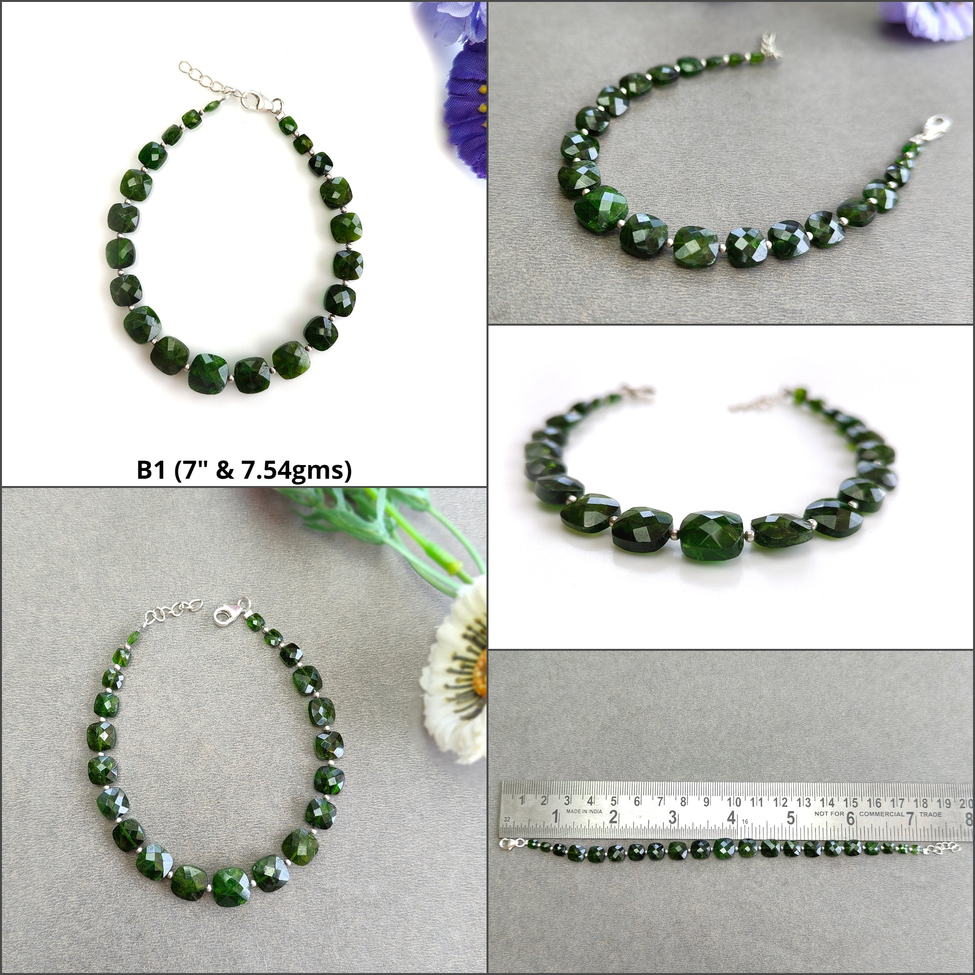Chrome Diopside Gemstone Bracelet - 925 Sterling Silver Beaded Bracelet with Checker Cut Green Stones | Perfect for Yoga, Meditation & Spiritual Healing Jewelry
