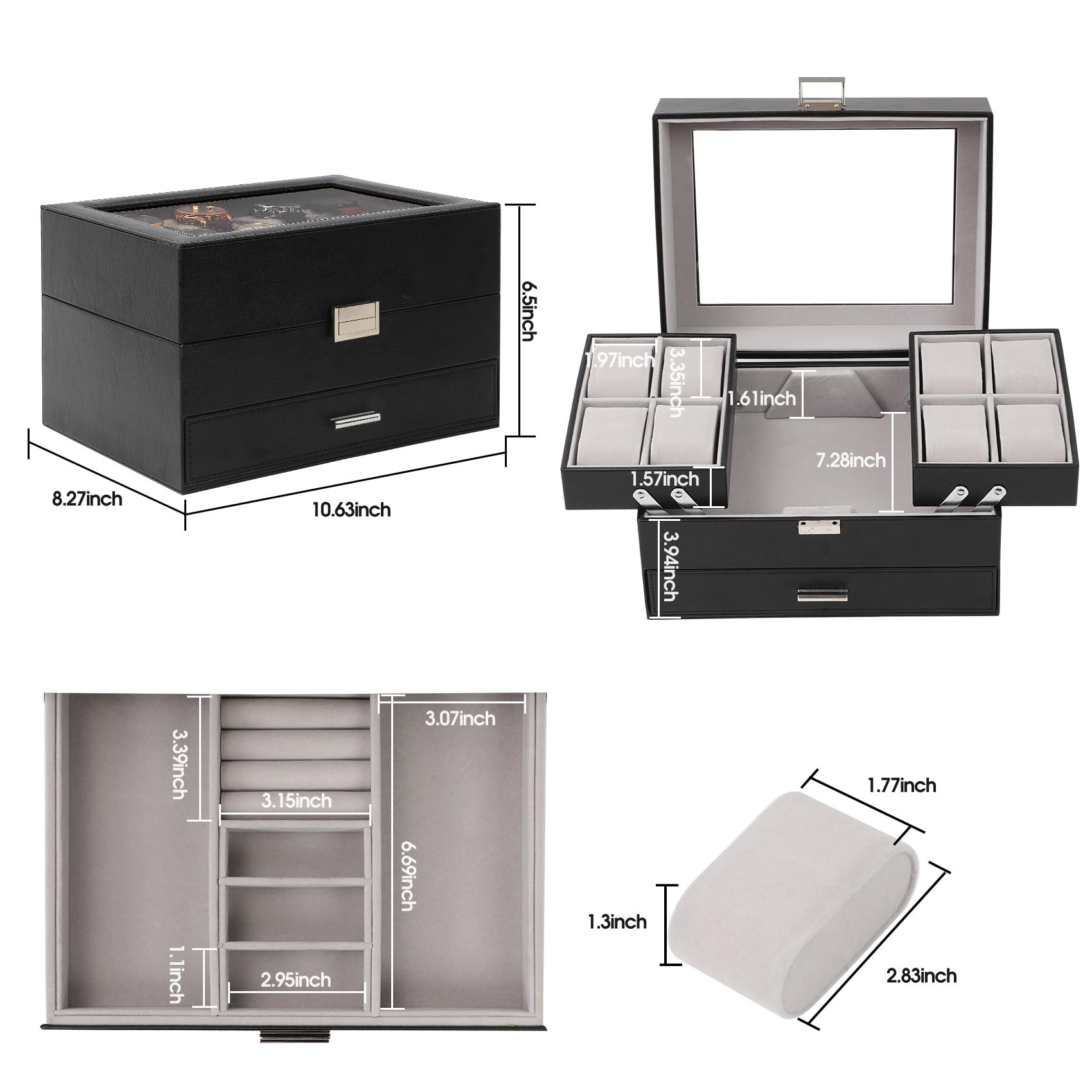 Dajasan 8-Slot Watch Box for Men - 3-Layer PU Leather Watch Display Case with Sunglass Storage Organizer - Perfect for Rings, Jewelry & Gift Giving (Black) - Ideal for Watch Collectors & Travel Storage