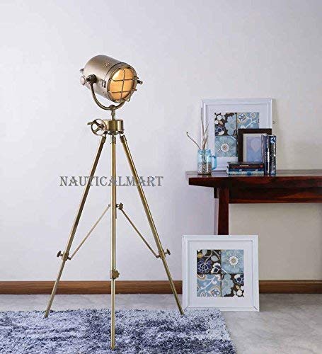 Vintage Antique Brass Wooden Tripod Floor Lamp - Classic Nautical Style Living Room Lighting for Home Decor, Bedroom, Study & Office
