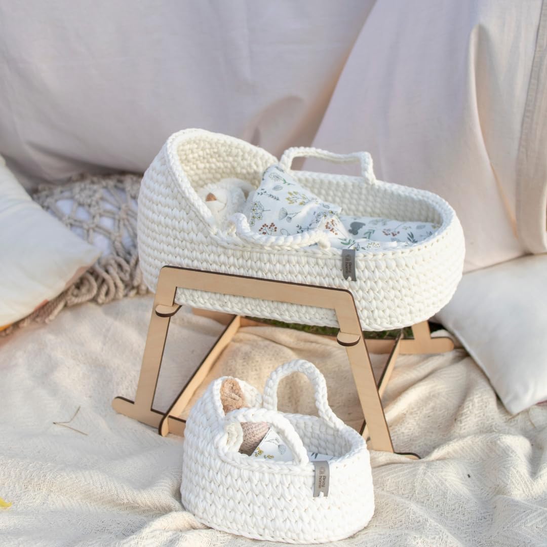**White Boho Doll Bassinet with Round Hood & Rocking Stand - Baby Doll Crib, Pretend Play Toy Carrycot, Crochet Doll Basket for Nursery Decor & Imaginative Play**
