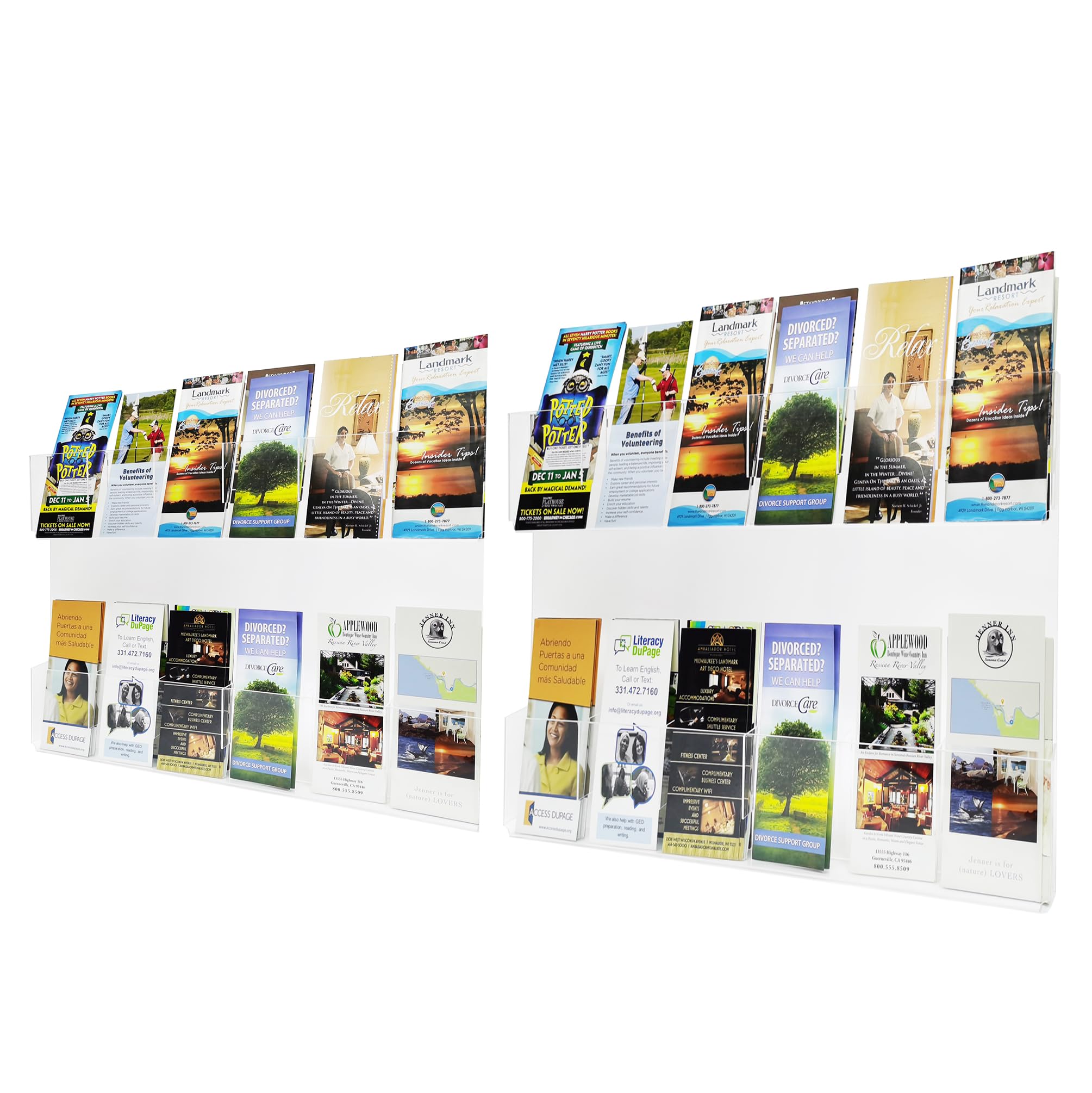 FixtureDisplays® Acrylic Literature Rack - Wall Mount Brochure & Magazine Holder with 12/24 Pockets, 2-Panel 2-Tier Design for Vertical/Horizontal Installation - Perfect for Offices, Libraries, Retail Stores & Waiting Rooms (Model 119003)