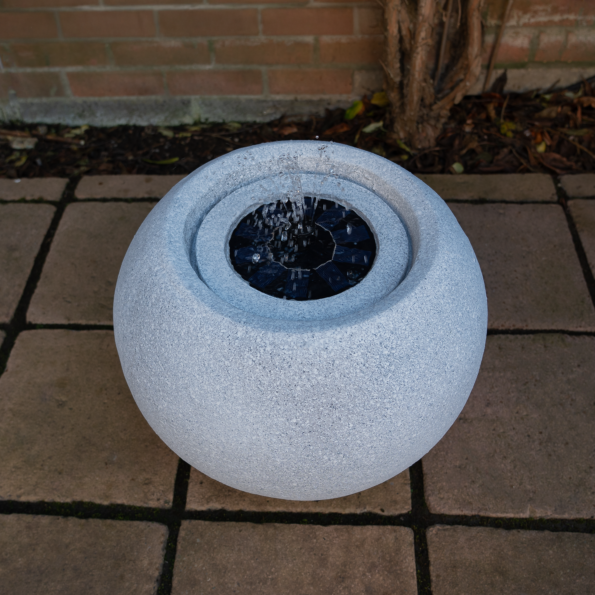 Solar-Powered Round Stone Water Fountain with LED Light - Light Grey Outdoor Garden Decor for Patio, Yard, and Landscape