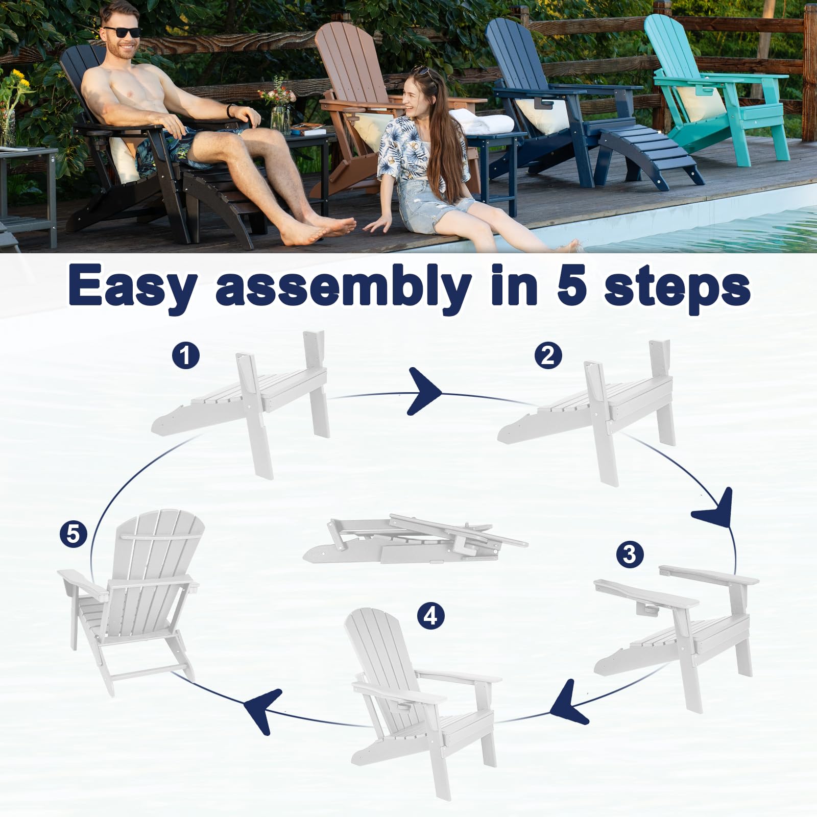 Premium Folding Adirondack Chair with Ergonomic Backrest - Heavy Duty 400lbs Capacity All-Weather HDPE Material - Zero Maintenance Outdoor Patio Furniture with Cup Holder (White) - Perfect for Backyard, Poolside, Camping & Firepit Relaxation