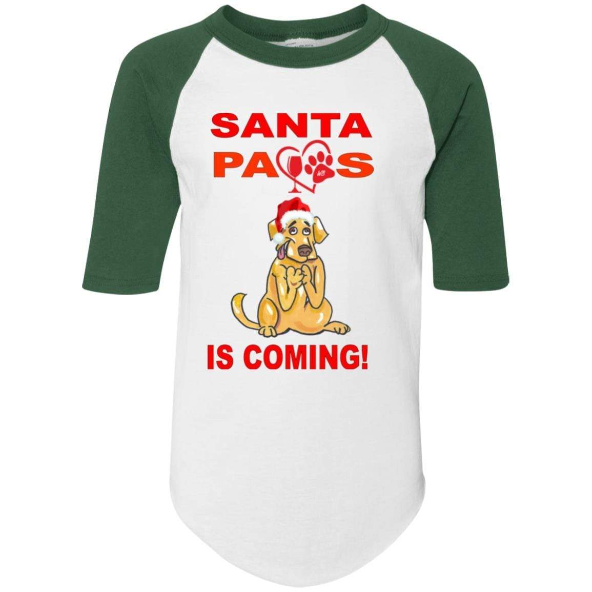Santa Paws Is Coming - Youth Colorblock Raglan Jersey for Dogs | Christmas Pet Apparel | Holiday Photo Outfits & Festive Dress Up