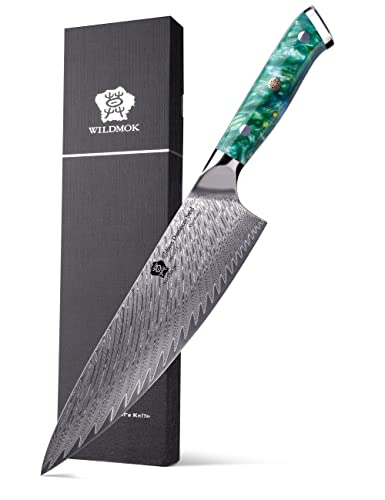 Silver Damascus steel feather pattern Blade, Green resin handle