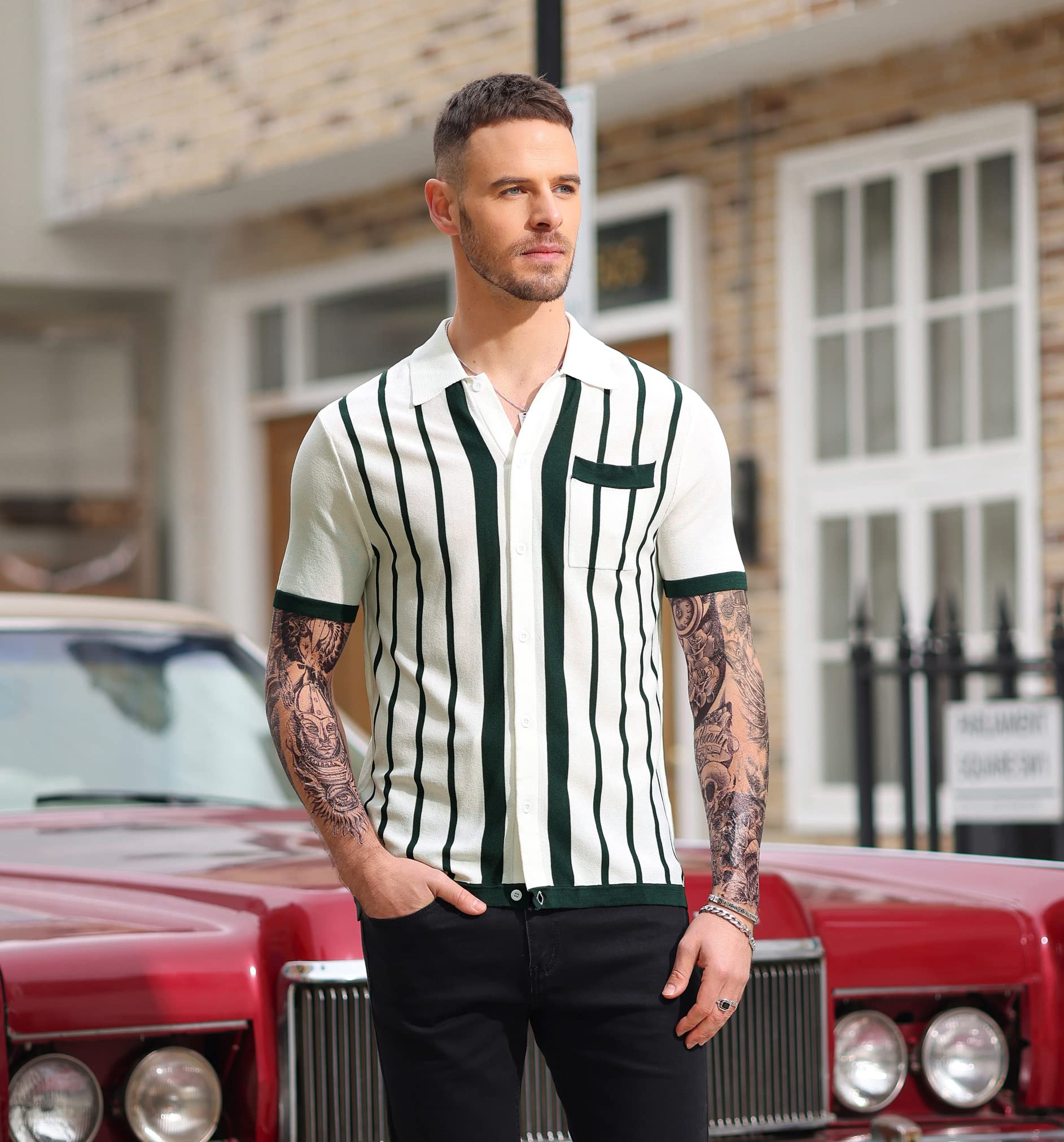 Vintage Striped Men's Polo Shirt - PJ Paul Jones Button Down Knitted Golf Shirt for Casual Wear & Sports