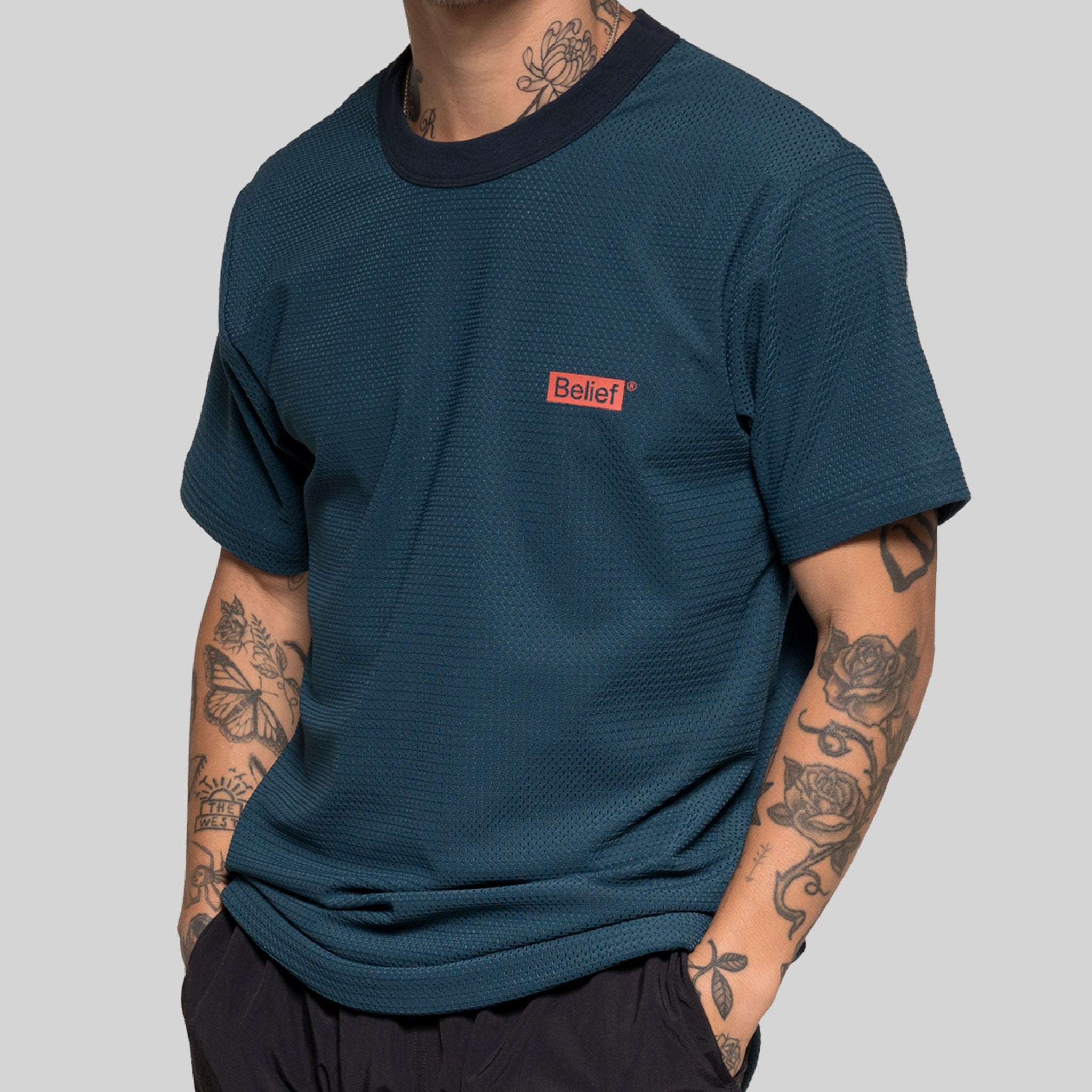 Belief NYC Box Logo Mesh Tee - Dark Teal | Stylish Streetwear T-Shirt for Men & Women | Perfect for Casual Wear, Outfits & Urban Fashion