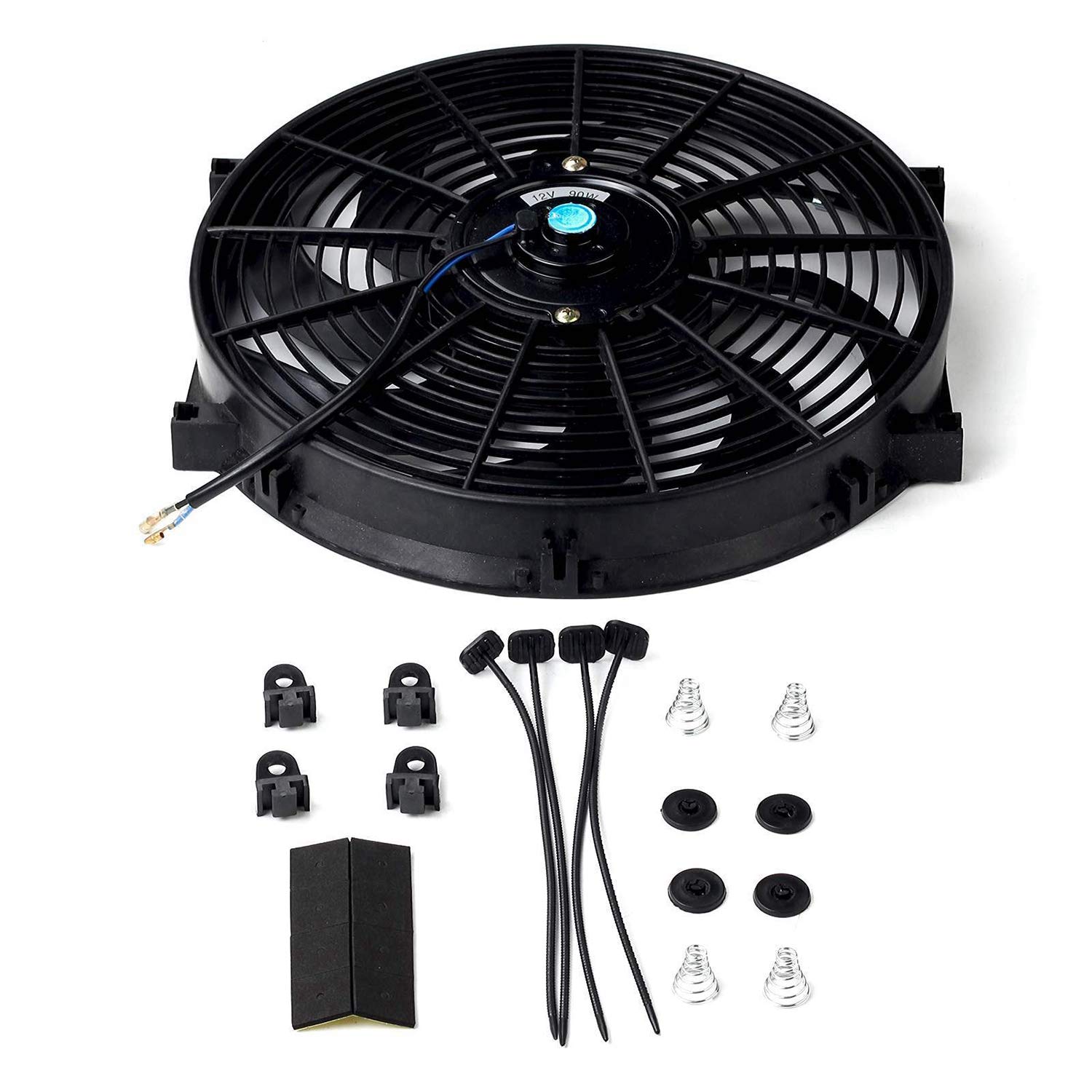 14 Inch Slim Electric Radiator Cooling Fan - 12V 90W High Performance Push Pull Fan with Universal Mounting Kit (Black) - Perfect for Car Engine Cooling, PC Case Ventilation & Home DIY Projects