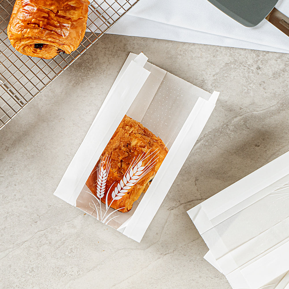 Greaseproof White Paper Bread Bags - Micro Perforated, Wheat Pattern (4.5