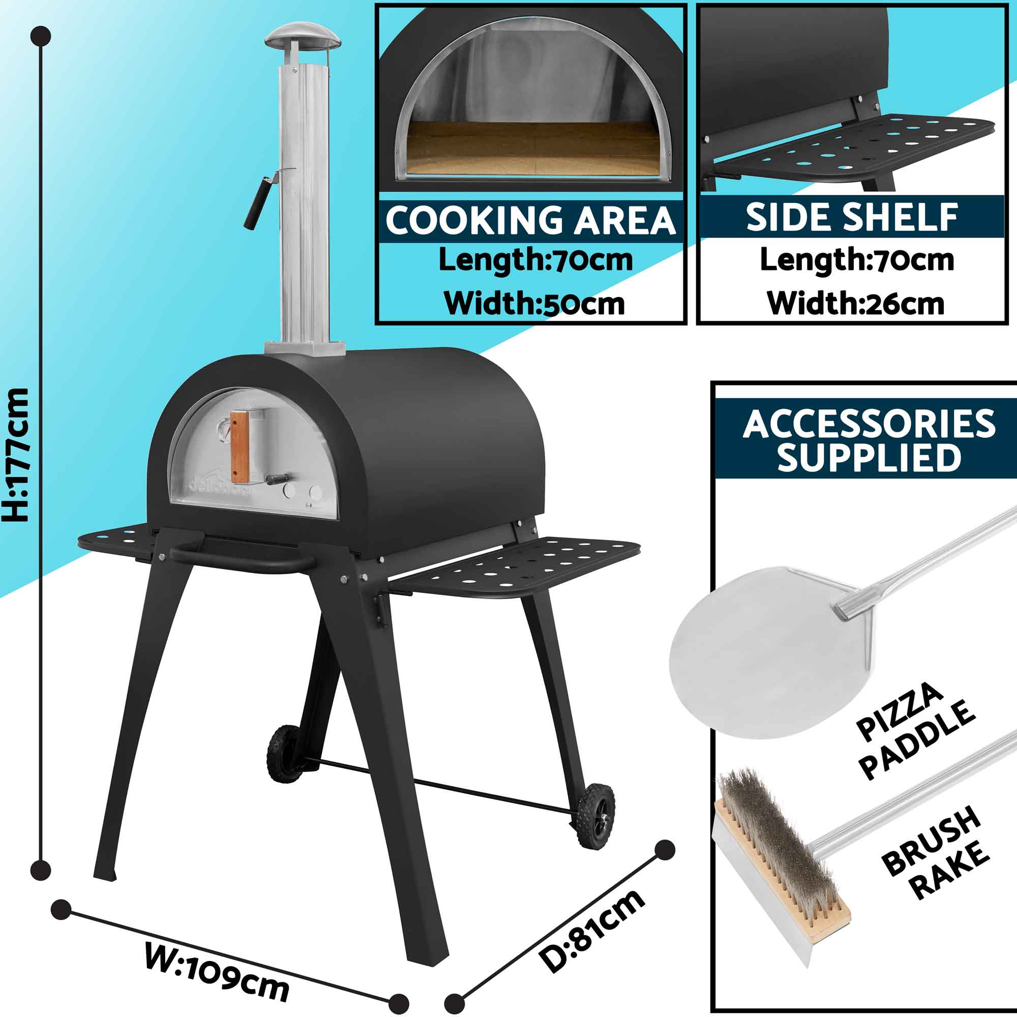 Premium Freestanding Outdoor Wood Fired Pizza Oven & Smoker with Side Shelves & Stand - Perfect for Backyard BBQs, Camping, and Outdoor Cooking - DG103