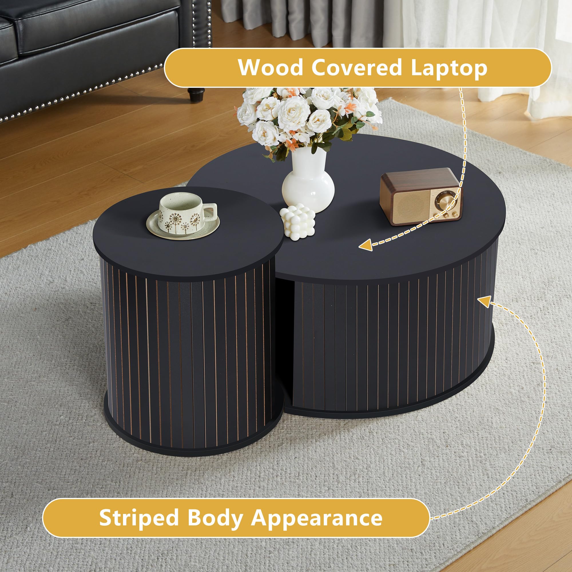 **Round Wooden Nesting Coffee Table Set of 2 - Modern Circle Side Tables for Living Room, Office & Balcony - Space-Saving Black End Tables (Perfect for Small Spaces & Home Decor)**