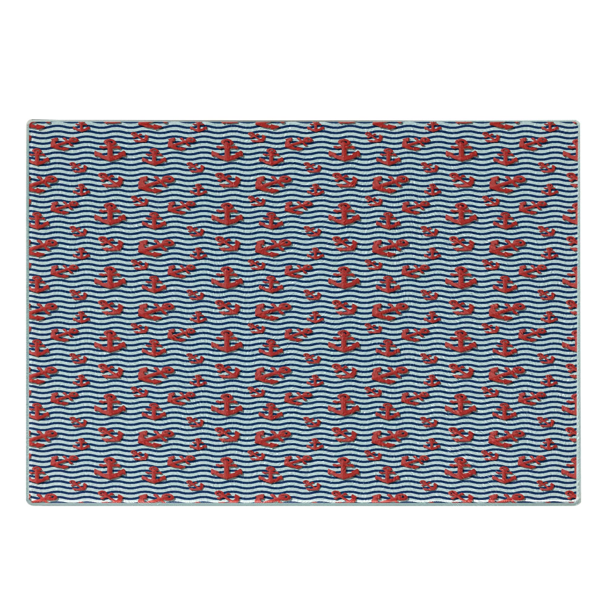 Ambesonne Anchor Tempered Glass Cutting Board - Wavy Stripes 3D Marine Anchor Design in Vermilion, Navy Blue & White - Small Decorative Serving Board for Kitchen, Dining & Gifts