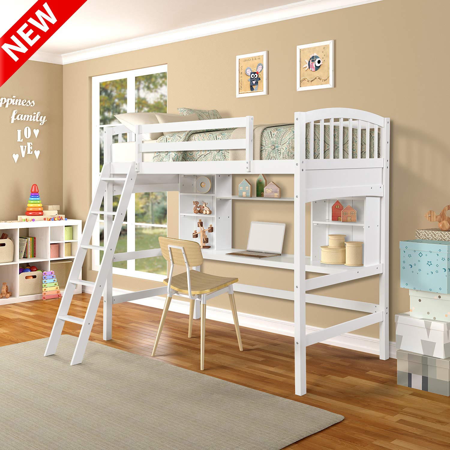 LEEKOUS Upgraded Twin Loft Bed with Desk & Shelves - Solid Wood Study Loft Bed Frame with Ladder, Storage Bookshelf for Kids & Teens - 250lbs Weight Capacity (White) | Perfect for Small Bedrooms, Dorm Rooms & Space-Saving Kids' Rooms