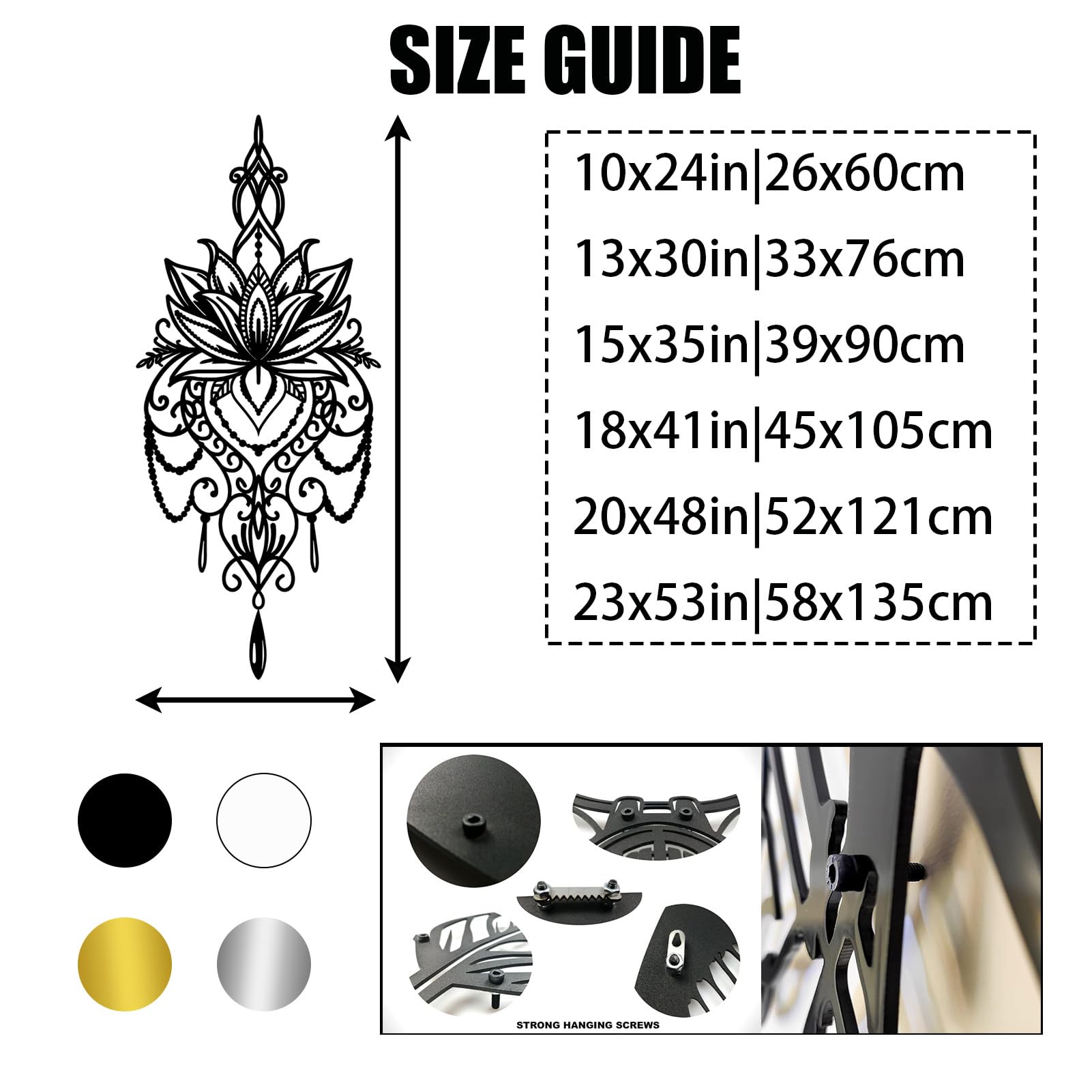 OSTCAL Black Metal Mandala Wall Art Decor - 48x21in (122x53cm) Spiritual Yoga Meditation Wall Hanging for Living Room, Bedroom & Studio - Handcrafted Metal Flower Design for Boho Home Decor